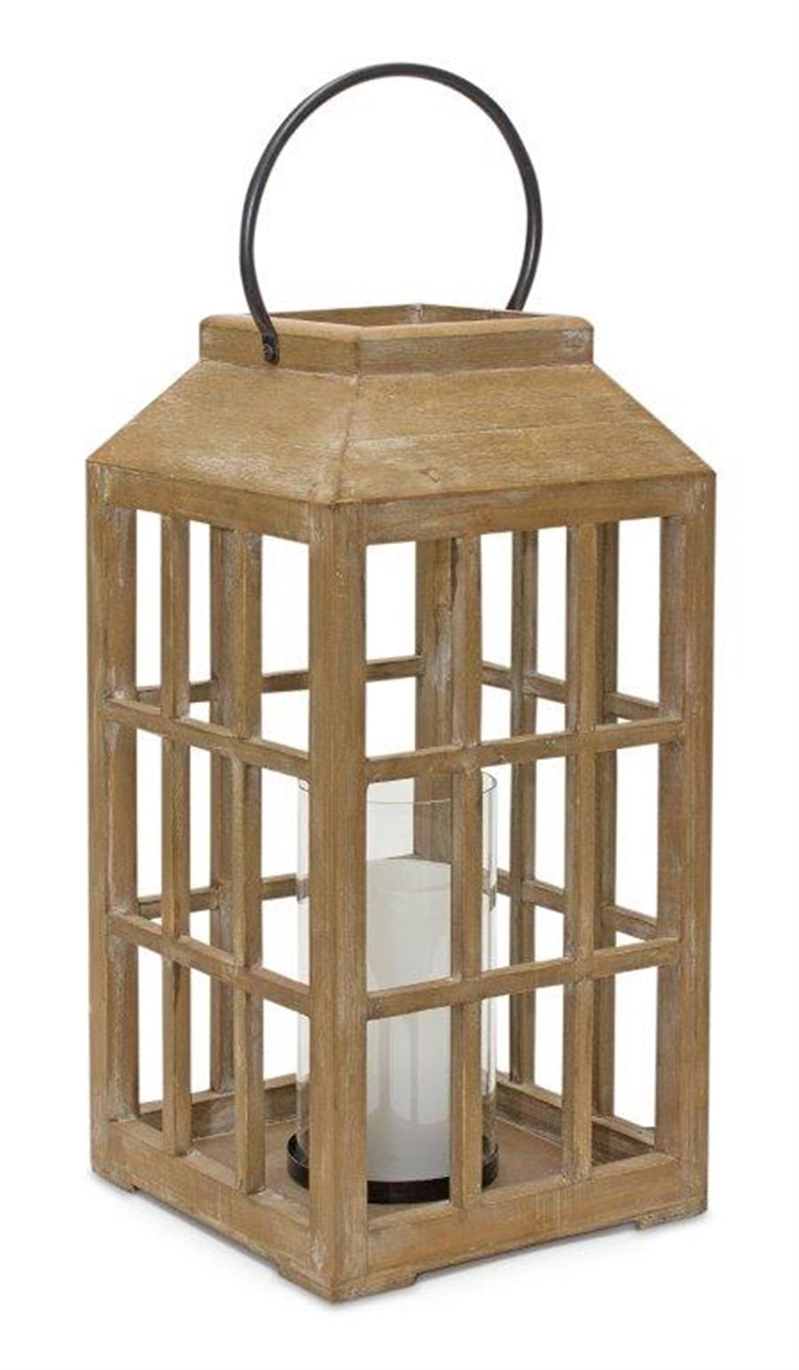 Natural Wooden Lantern with Glass Hurricane