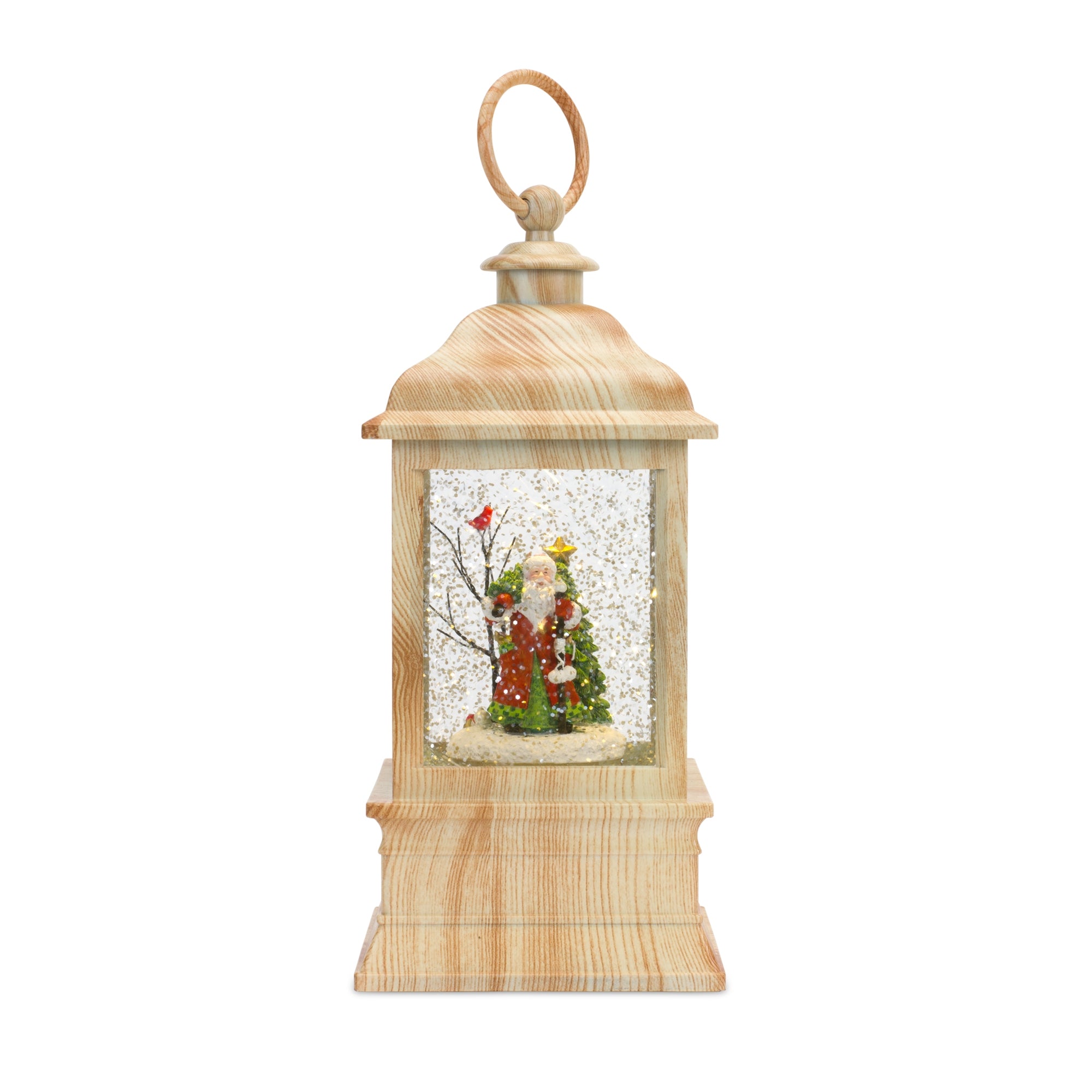 LED Snow Globe Lantern with Santa and Wood Grain Design 9"H