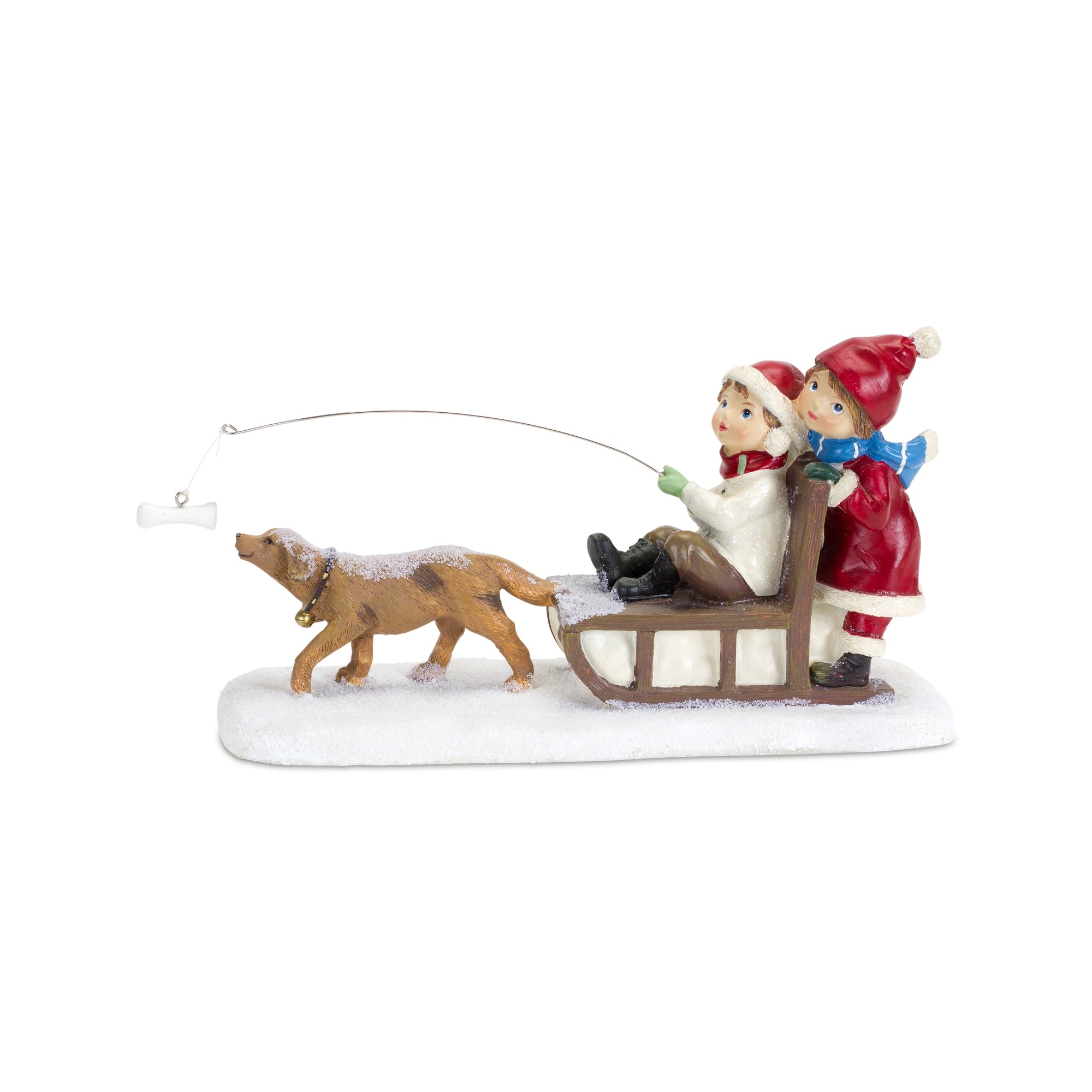 Whimsical Children Playing on Sled with Dog Figurine 9.5"L