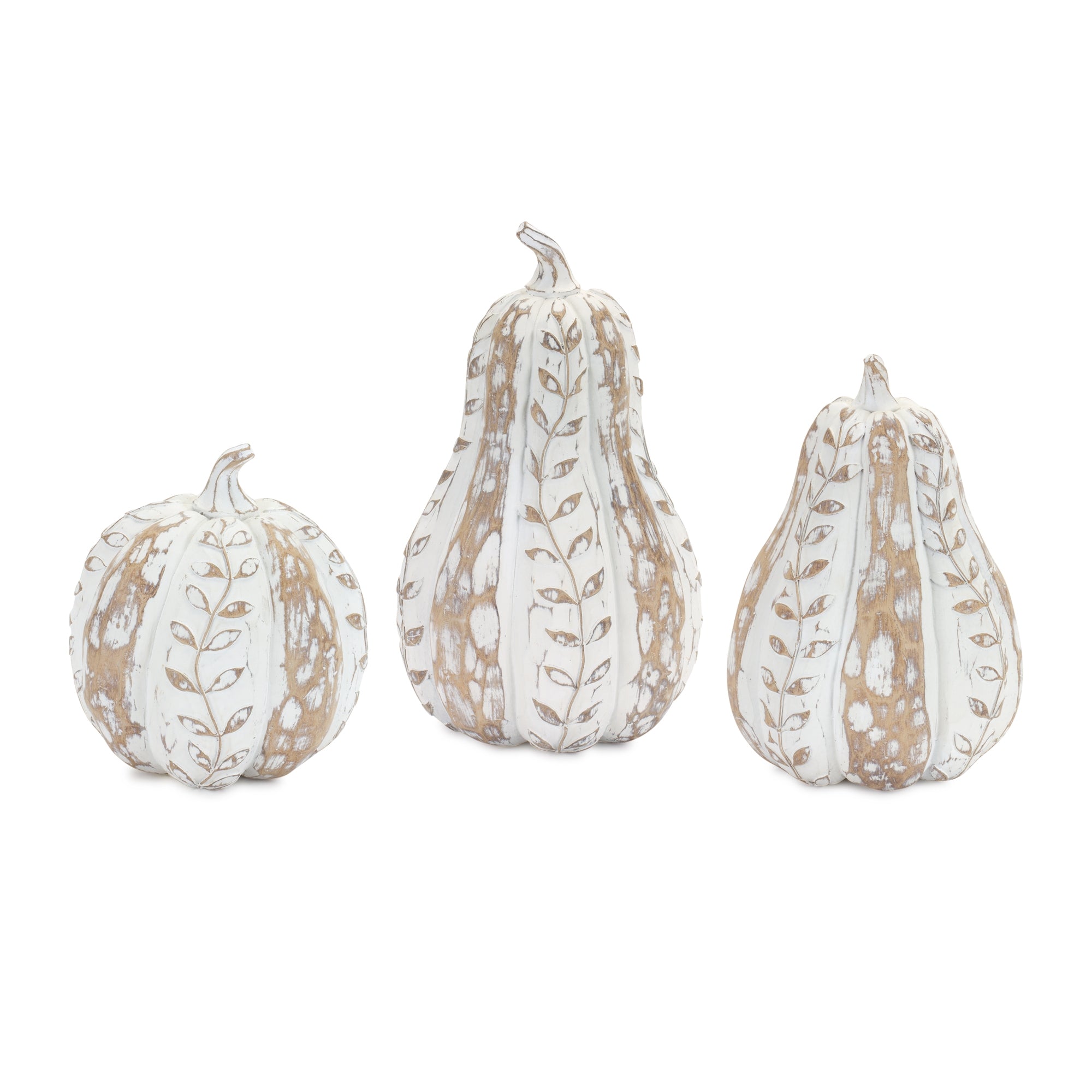 White Washed Wood Design Pumpkin with Leaf Pattern (Set of 3)