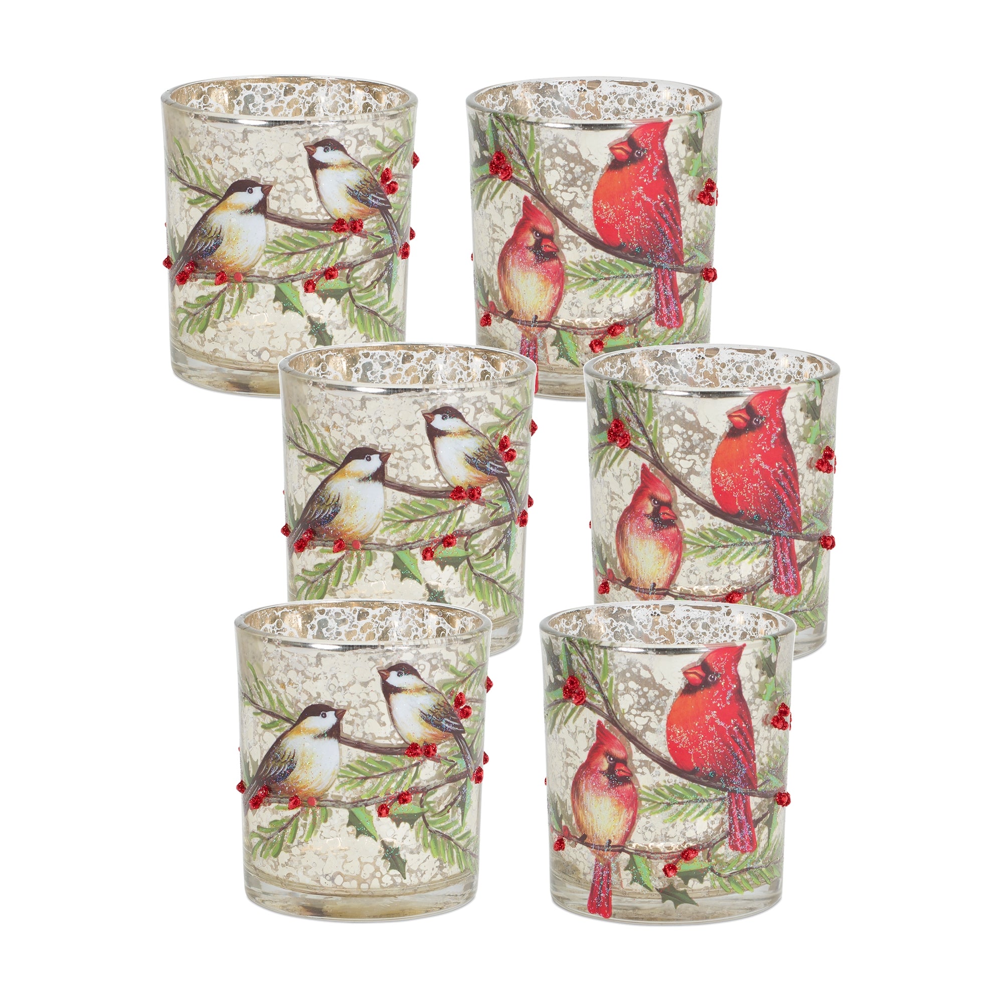 Mercury Glass Votive Candle Holder with Bird and Berry Branch (Set of 6)