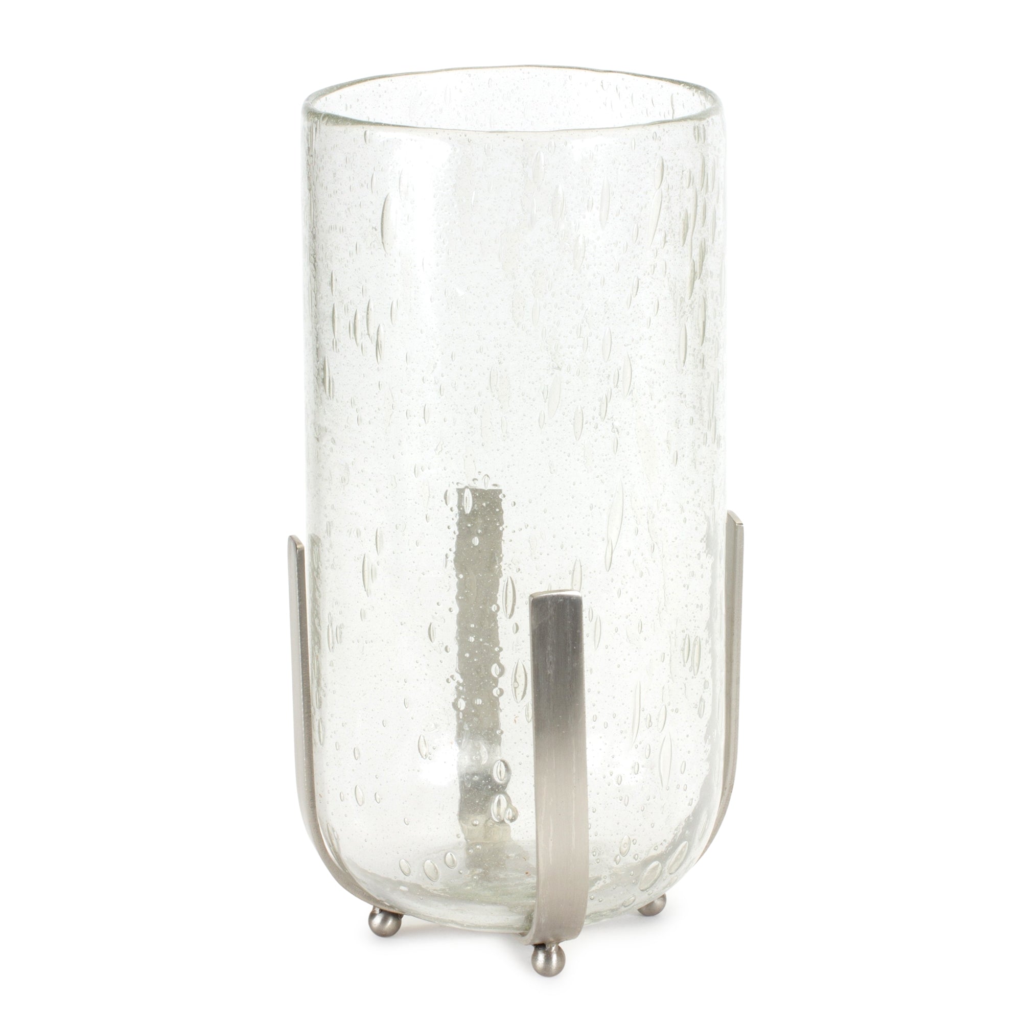 Bubbled Glass Vase Candle Hurricane with Metal Stand