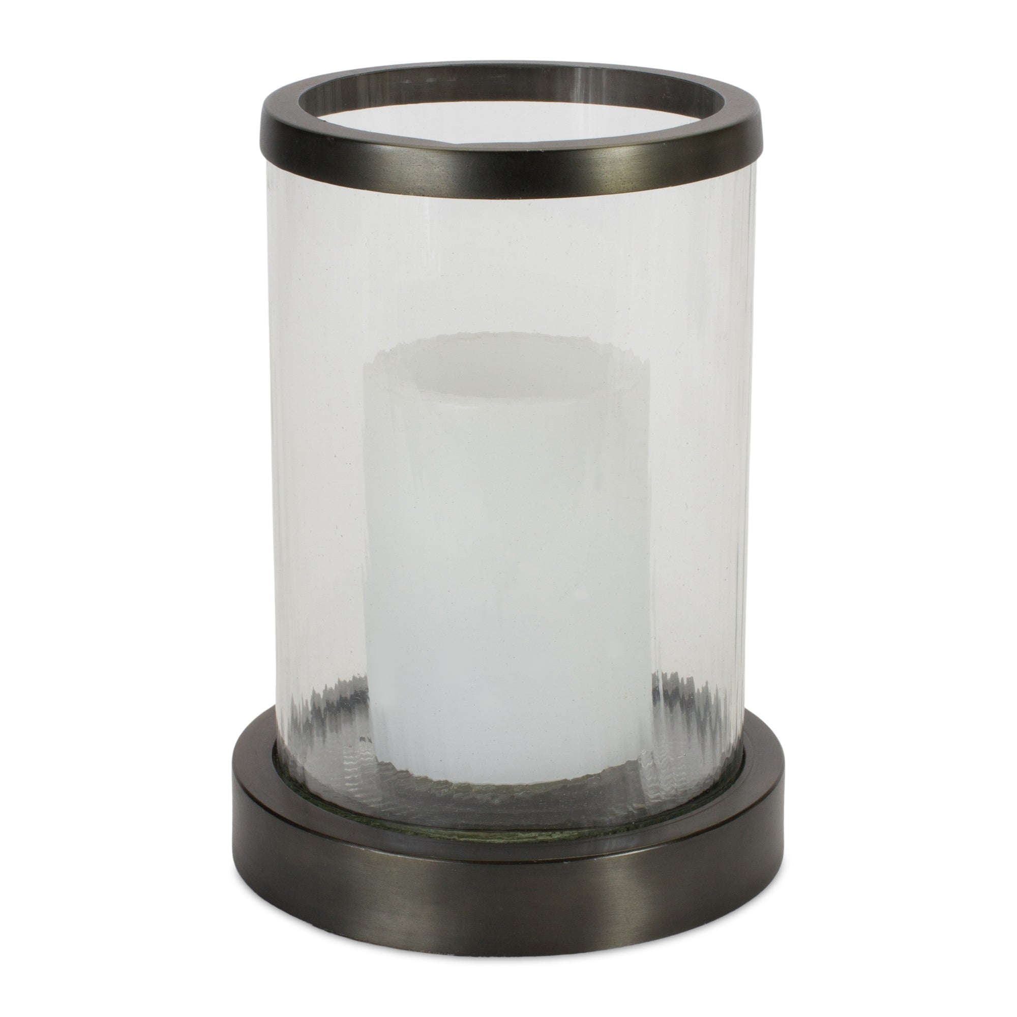 Ribbed Glass Candle Holder with Metal Base