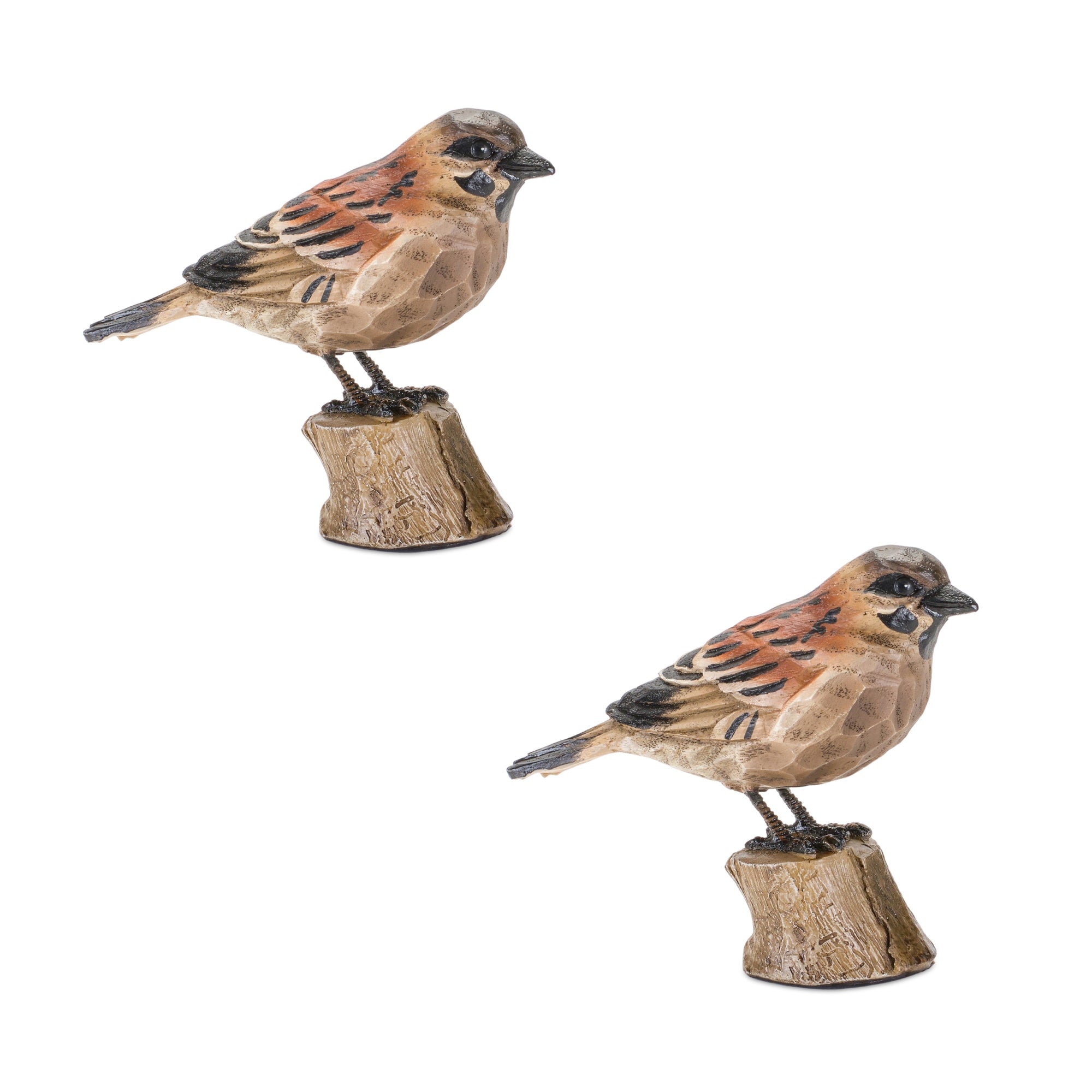 Rustic Stone Bird Figurine Perched on Stump (Set of 2)