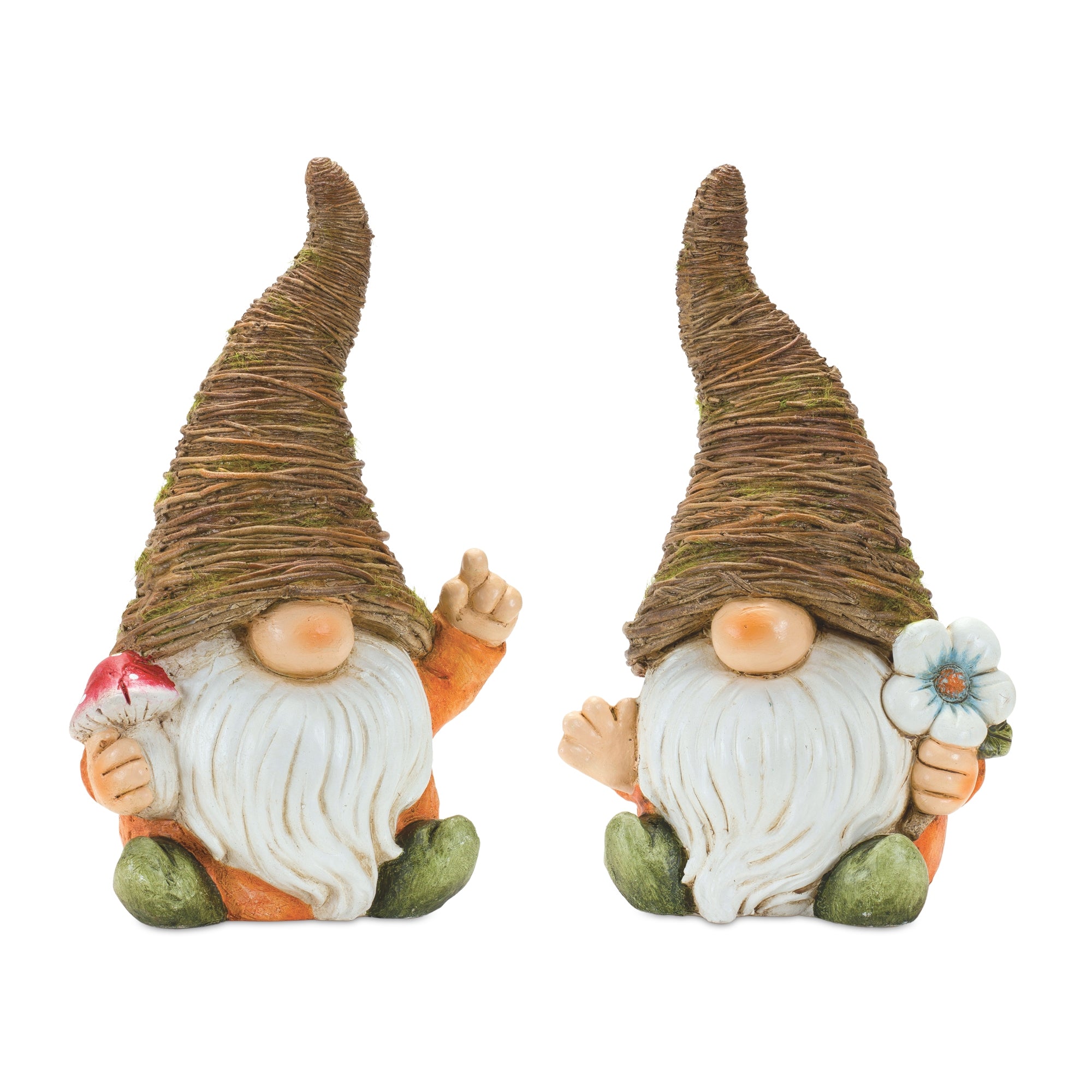 Distressed Garden Gnome Statue with Mushroom and Flower Accent (Set of 2)