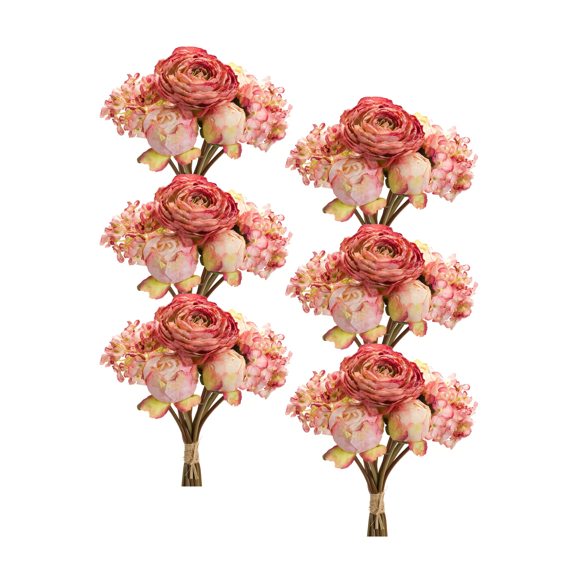 Coral Pink Peony and Hydrangea Flower Bouquet (Set of 6)