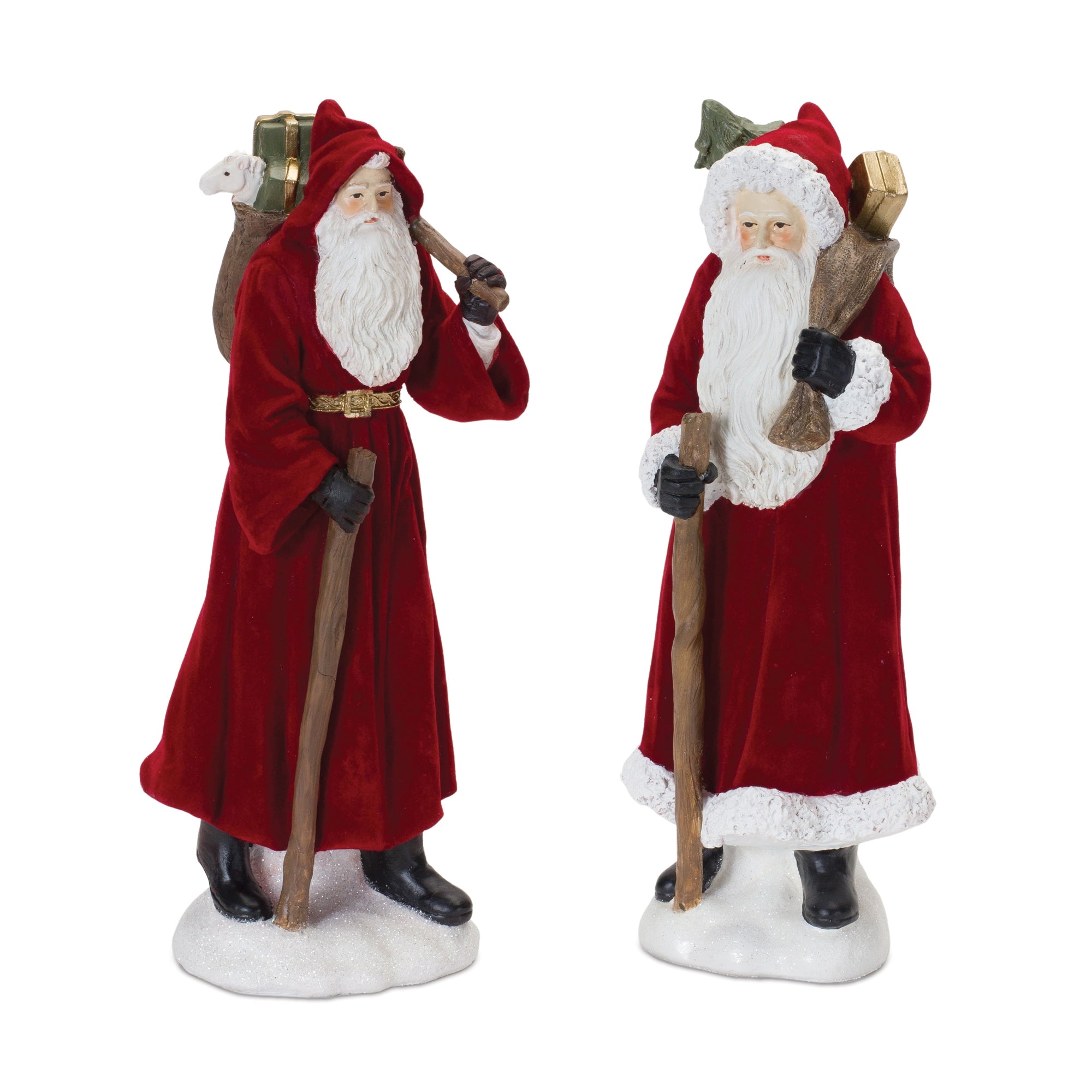 Flocked Santa Figurine with Hood and Staff (S/2)