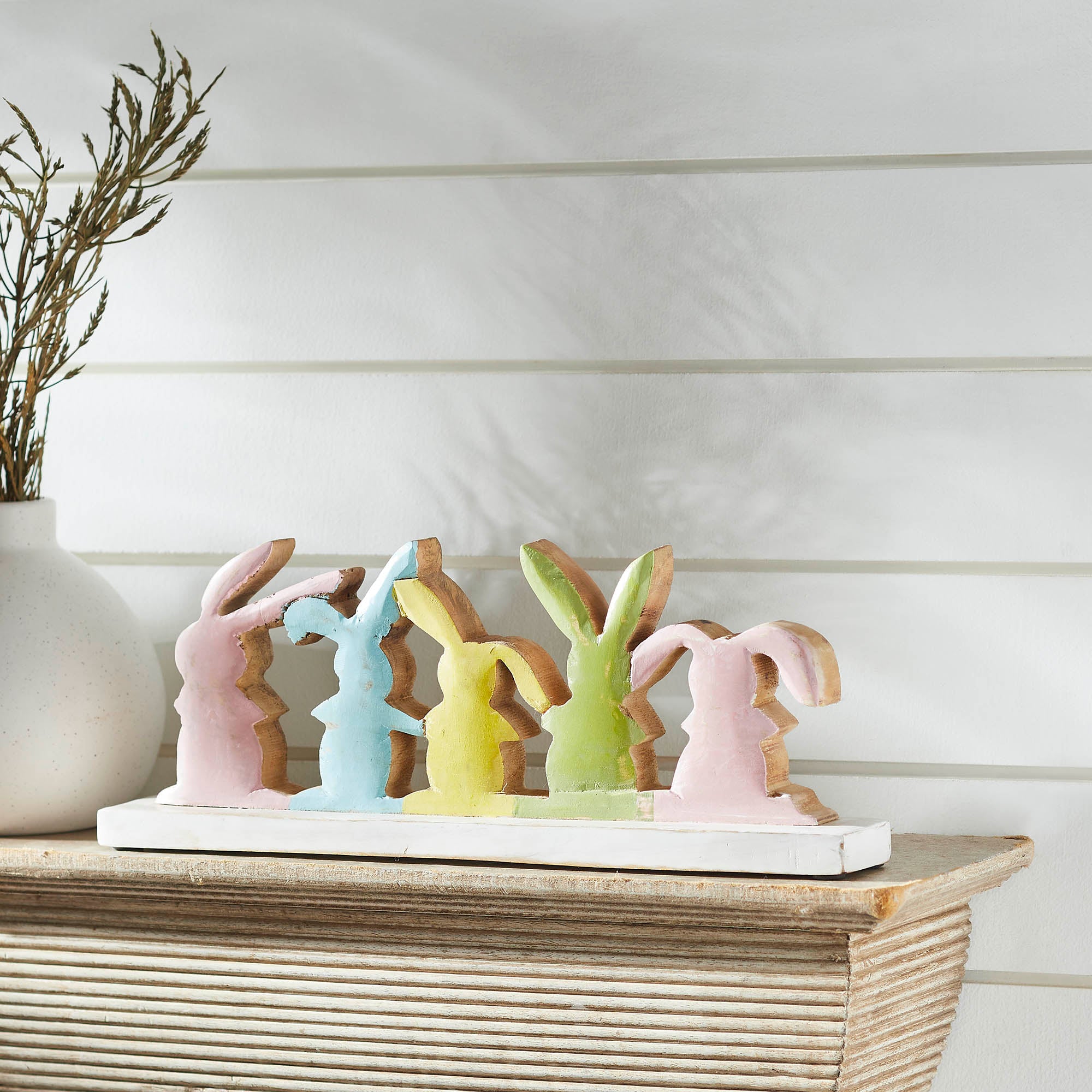 Bunny Hop Rustic Wooden Bunny Silhouette Shelf Sitter - Set of 5 Connected Easter Rabbits - Distressed White Spring Decor - 5x13.5x2