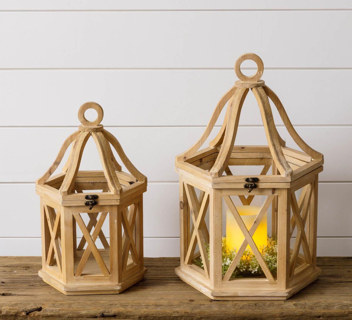 Hexagon Wooden Lanterns (S/2)