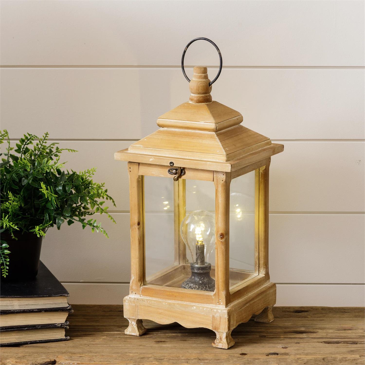 Natural Wood Lantern With LED Bulb