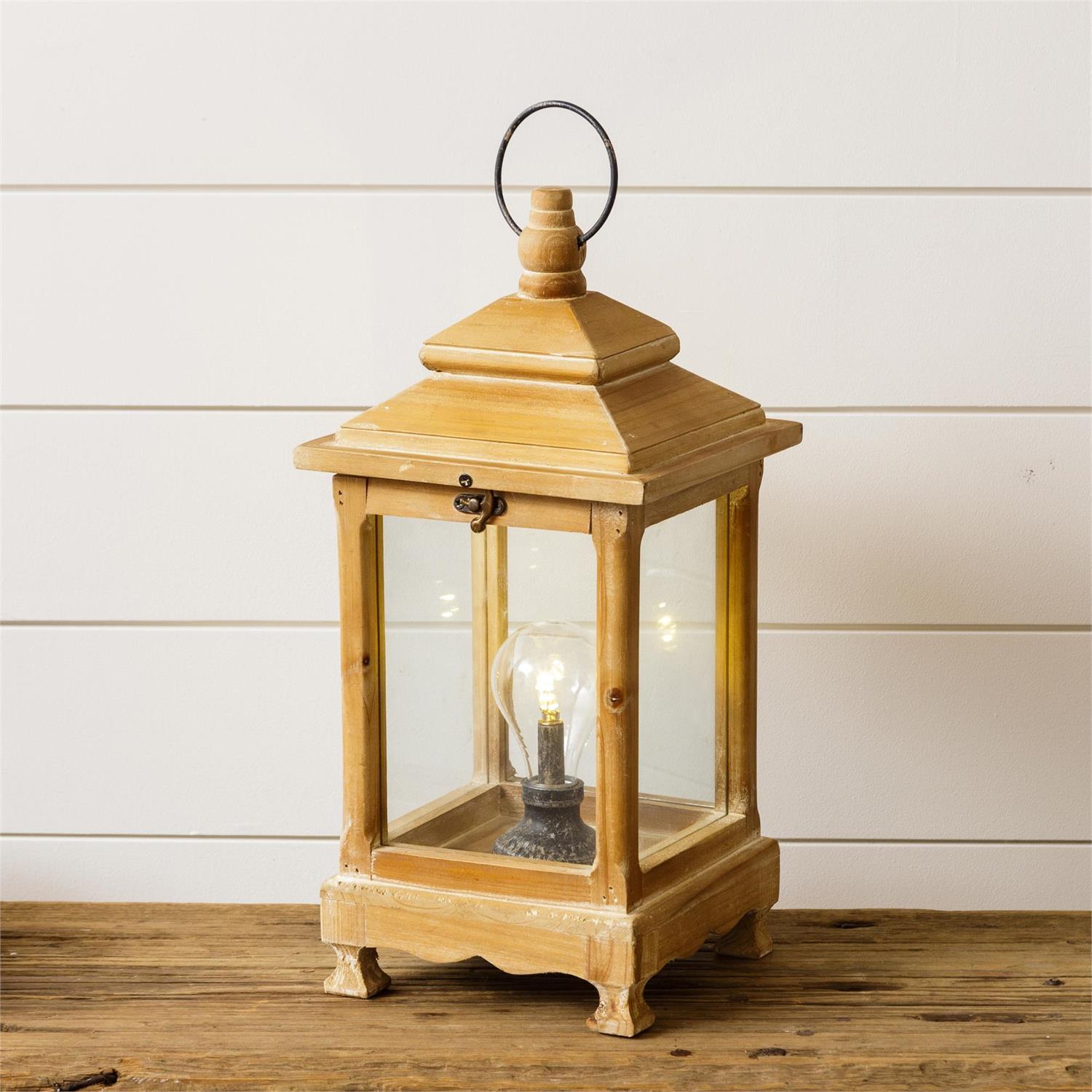 Natural Wood Lantern With LED Bulb