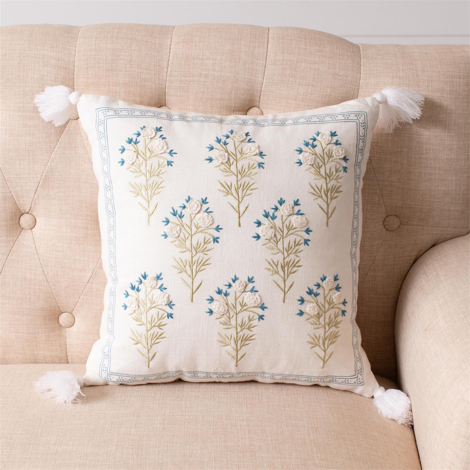 Pillow - Embroidered Blue Floral With Tassels