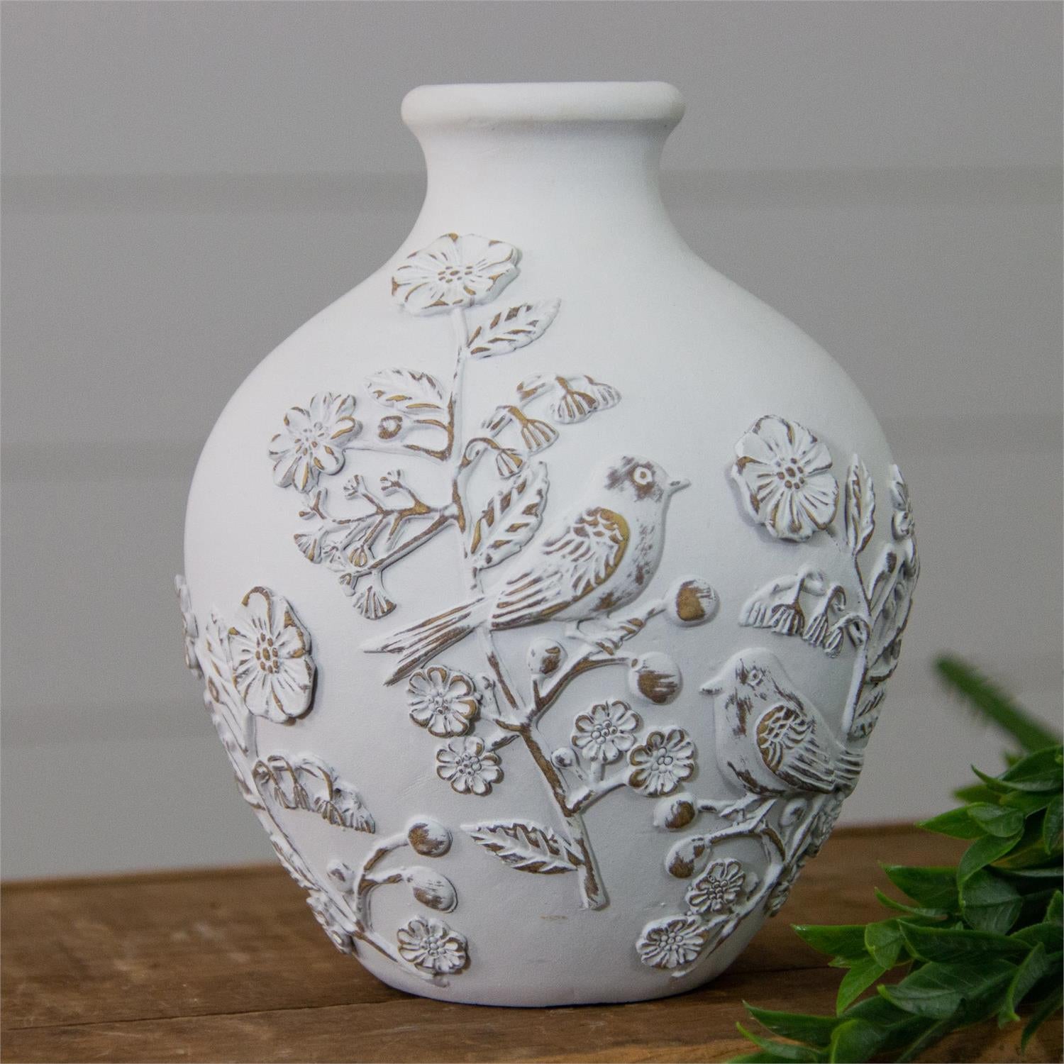 Vase With Textured Flowers and Birds