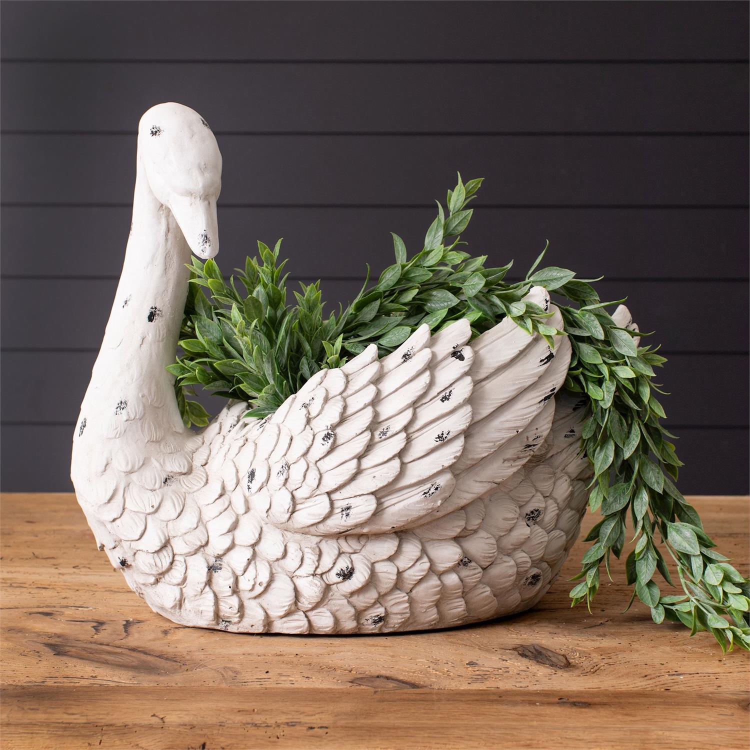 White Distressed Swan Planter