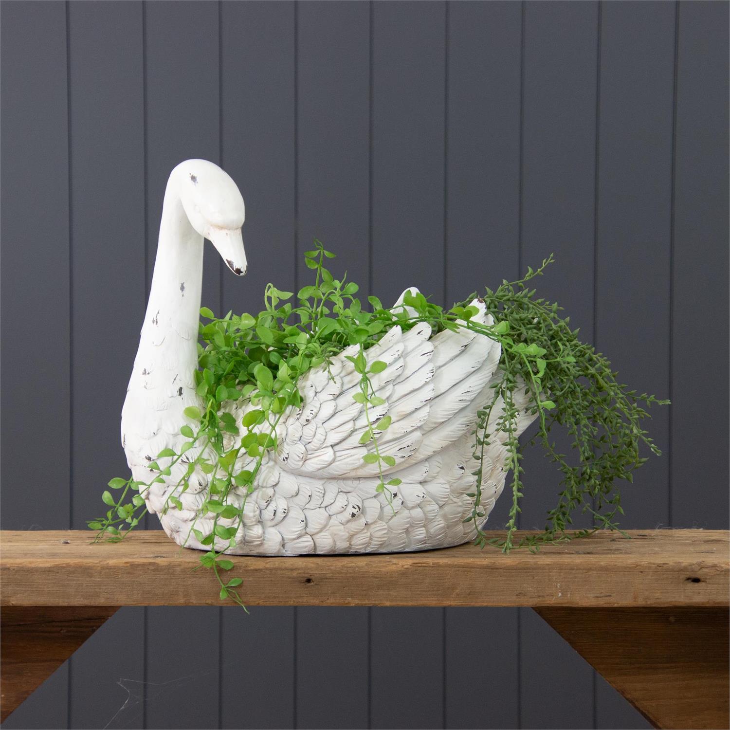 White Distressed Swan Planter