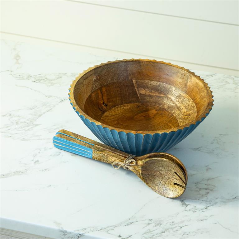 Blue Enamel Mango Wood Salad Bowl With Serving Tongs