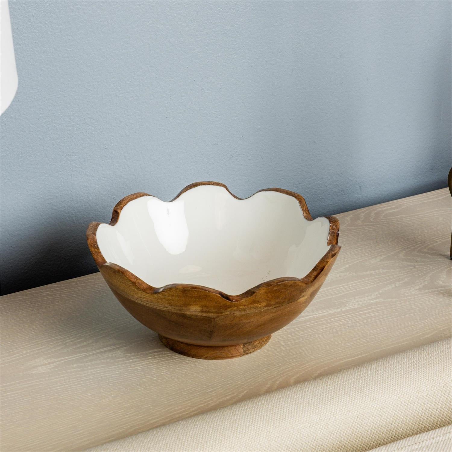 Bowl - Fluted White Enamel & Mango Wood