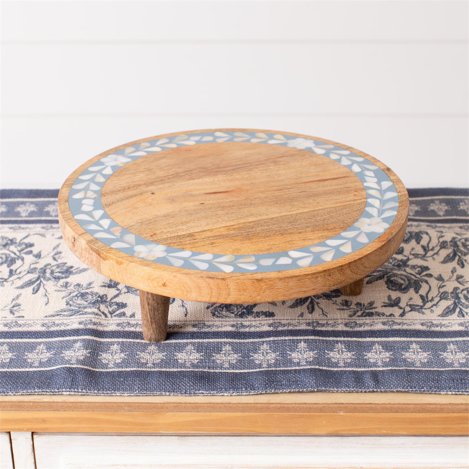 Riser - Blue Inlayed Flowers, Mango Wood