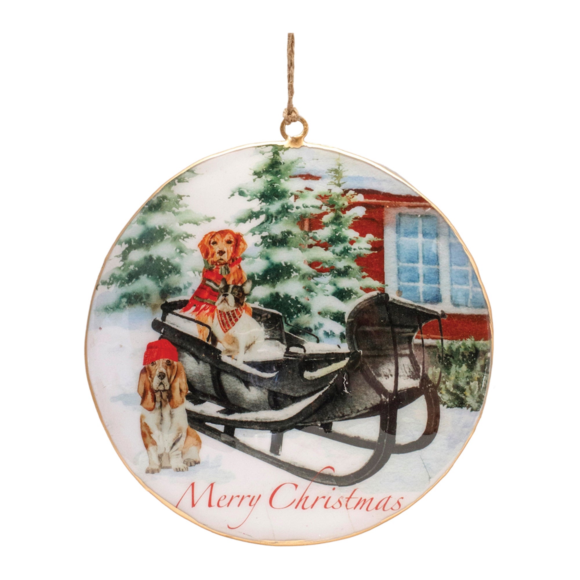 Dog and Sleigh Disc Ornament 6”H Iron