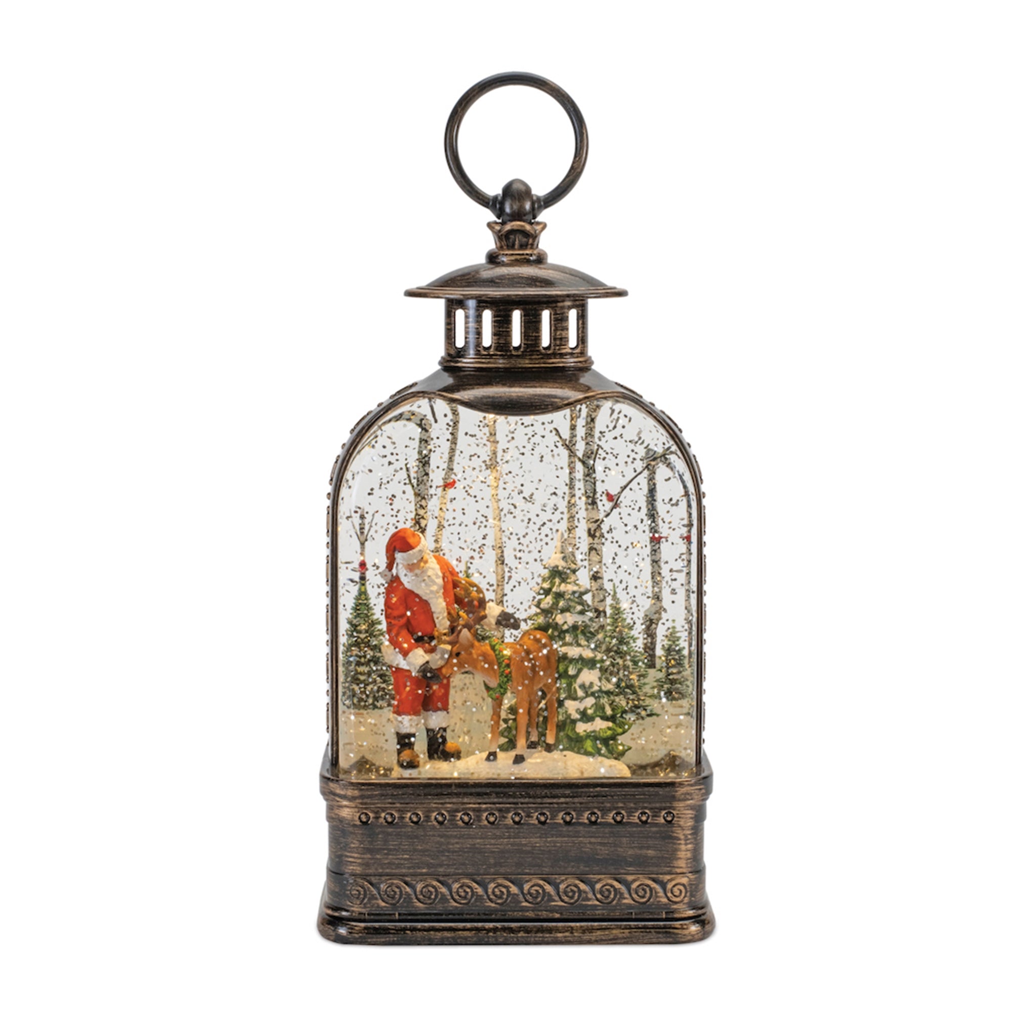 LED Santa Snow Globe Lantern with Santa and Deer 9.75"H