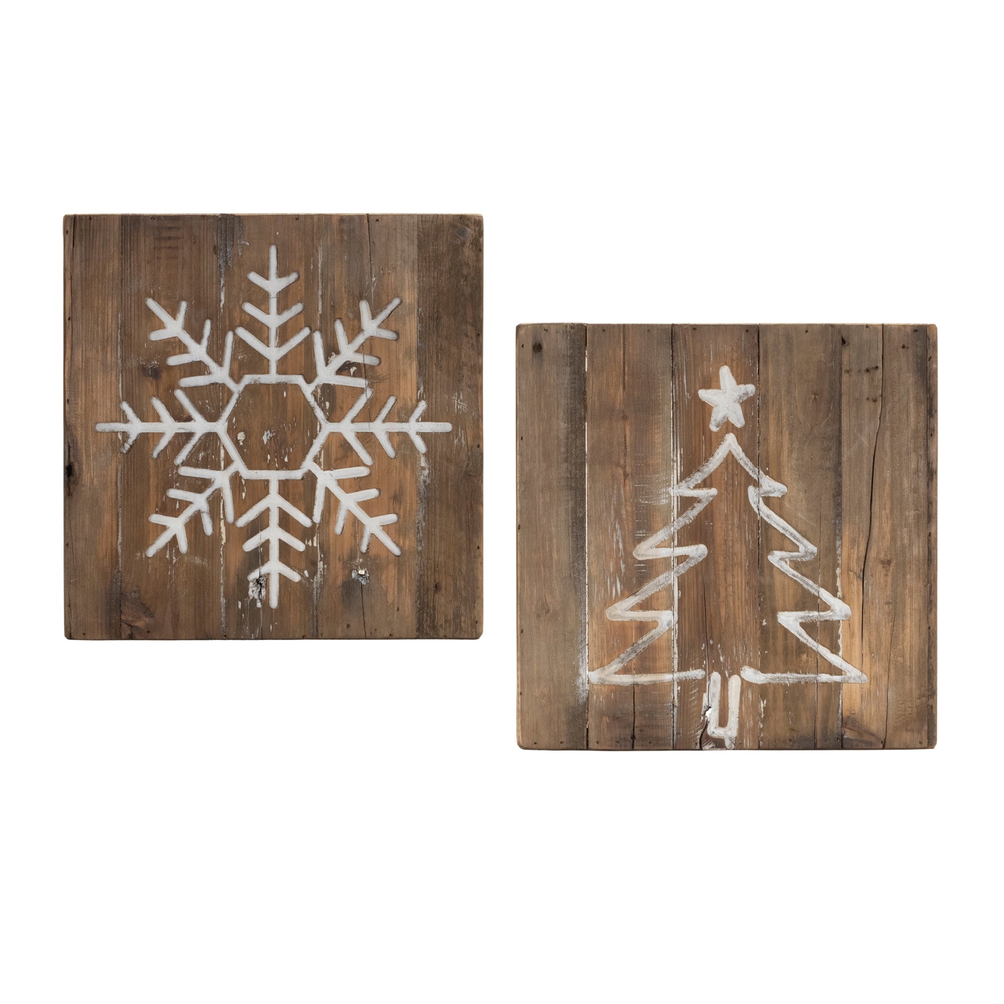 Distressed Wood Snowflake and Tree Block (Set of 2)