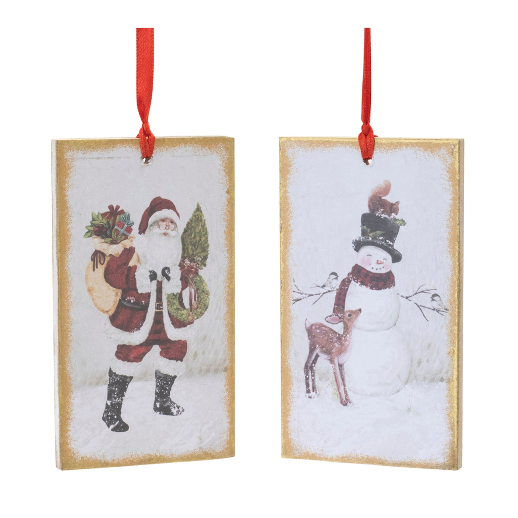 Snowman and Santa Tag Ornament (2 Asst) 4.75”H Wood/Paper