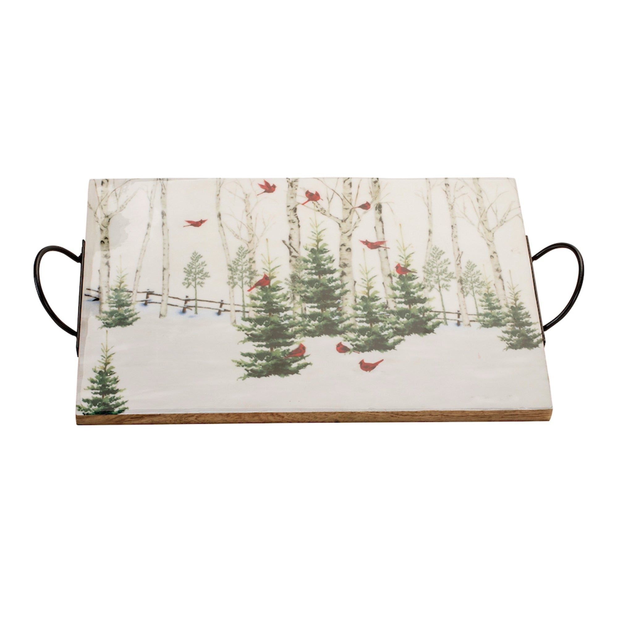 Winter Cardinal Forest Tray with Handles 18"L