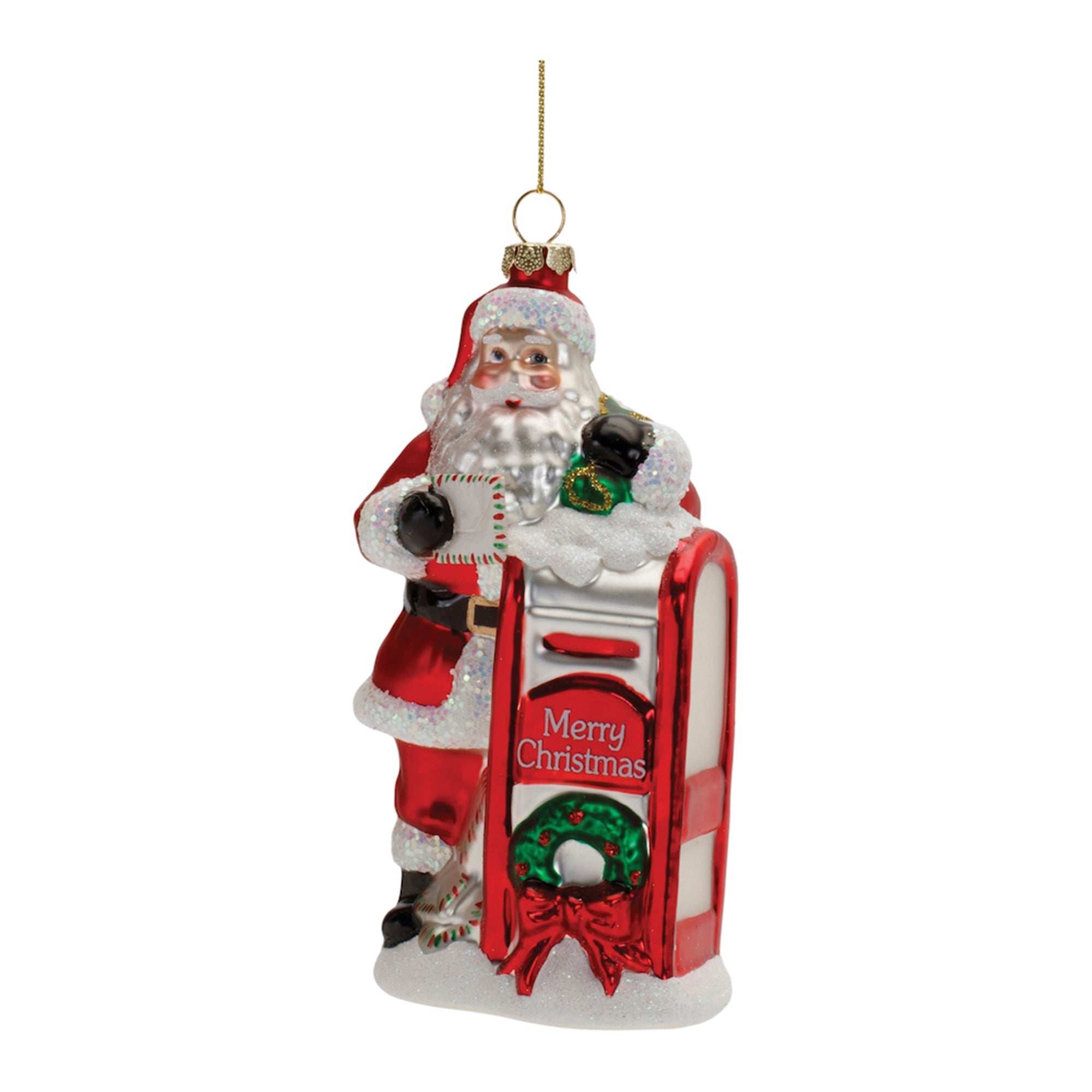 Santa and Mailbox Ornament 6”H Glass