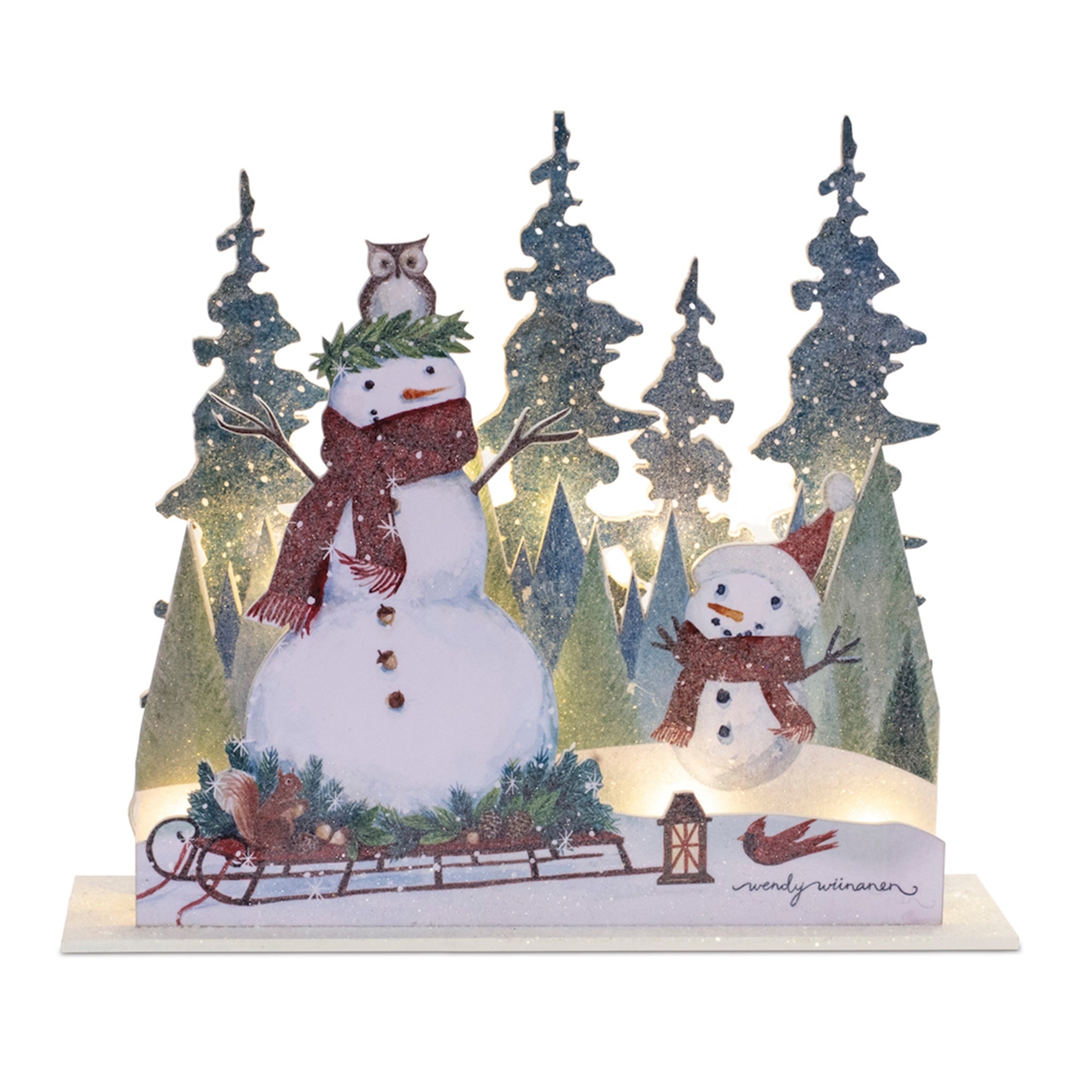 LED Snowman Scene 13.5"L x 11.75"H Wood 6 Hr Timer 2 AA Batteries, Not Included