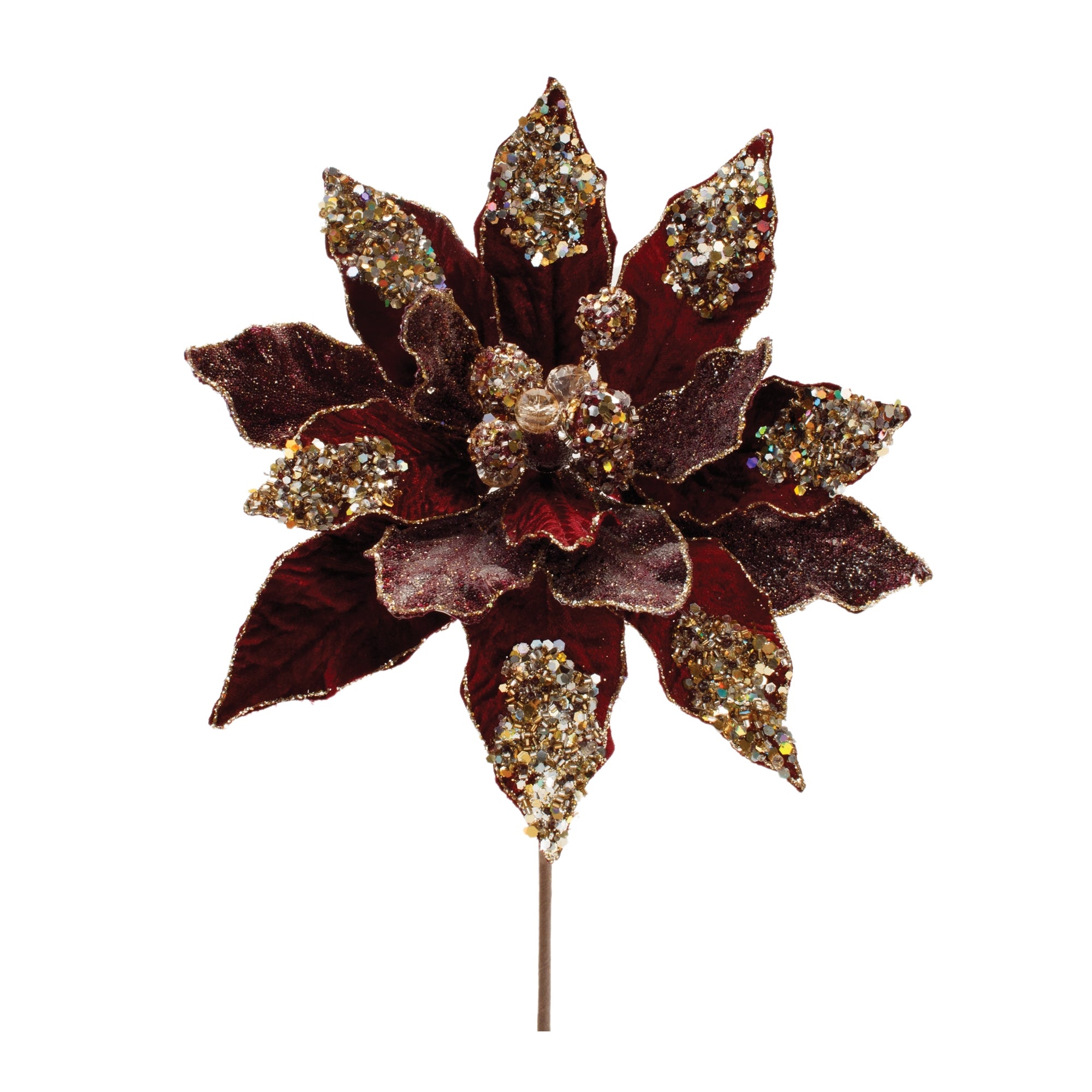 Beaded Burgandy Poinsettia Flower Stem (Set of 2)