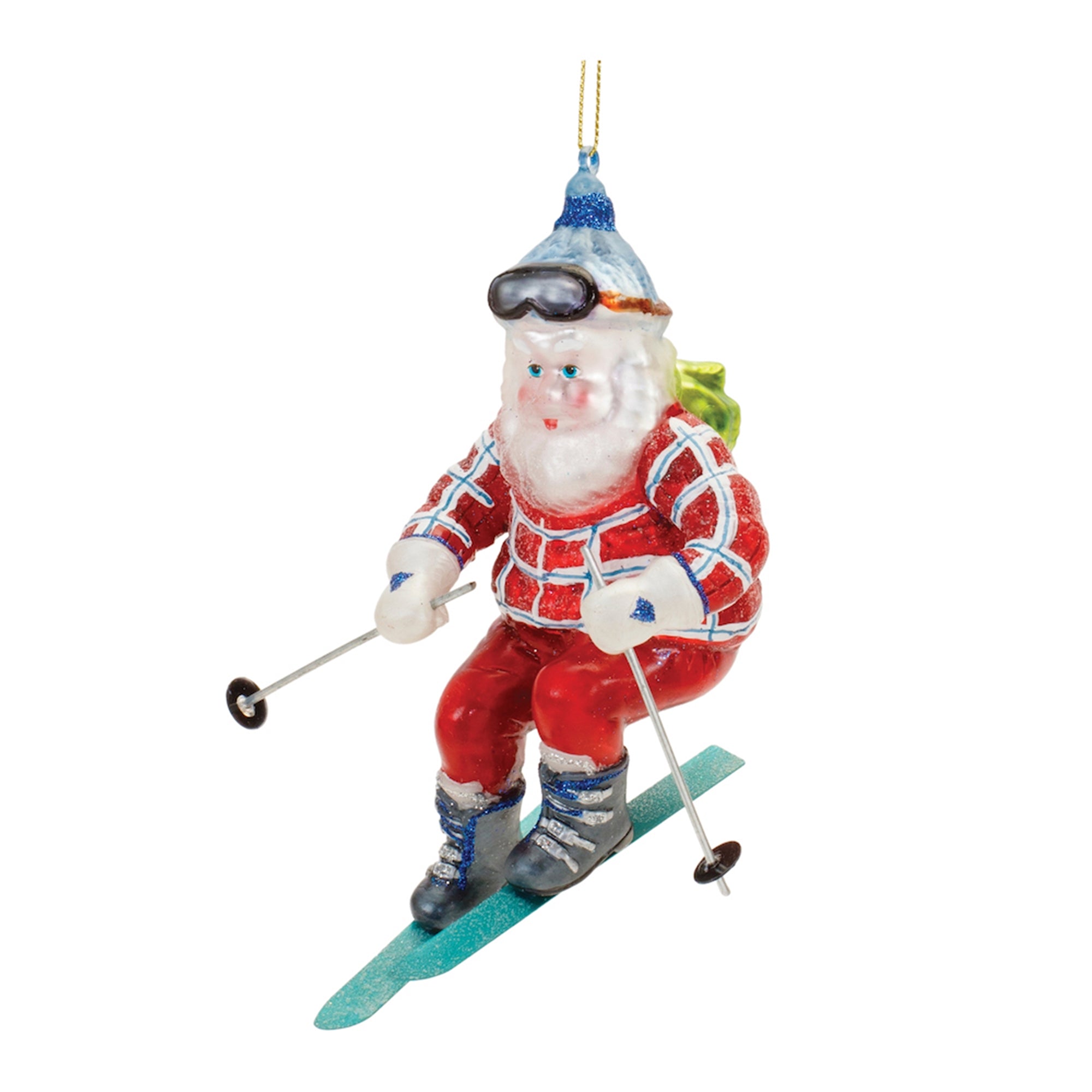 Santa on Skis Ornament 4.75”H Glass