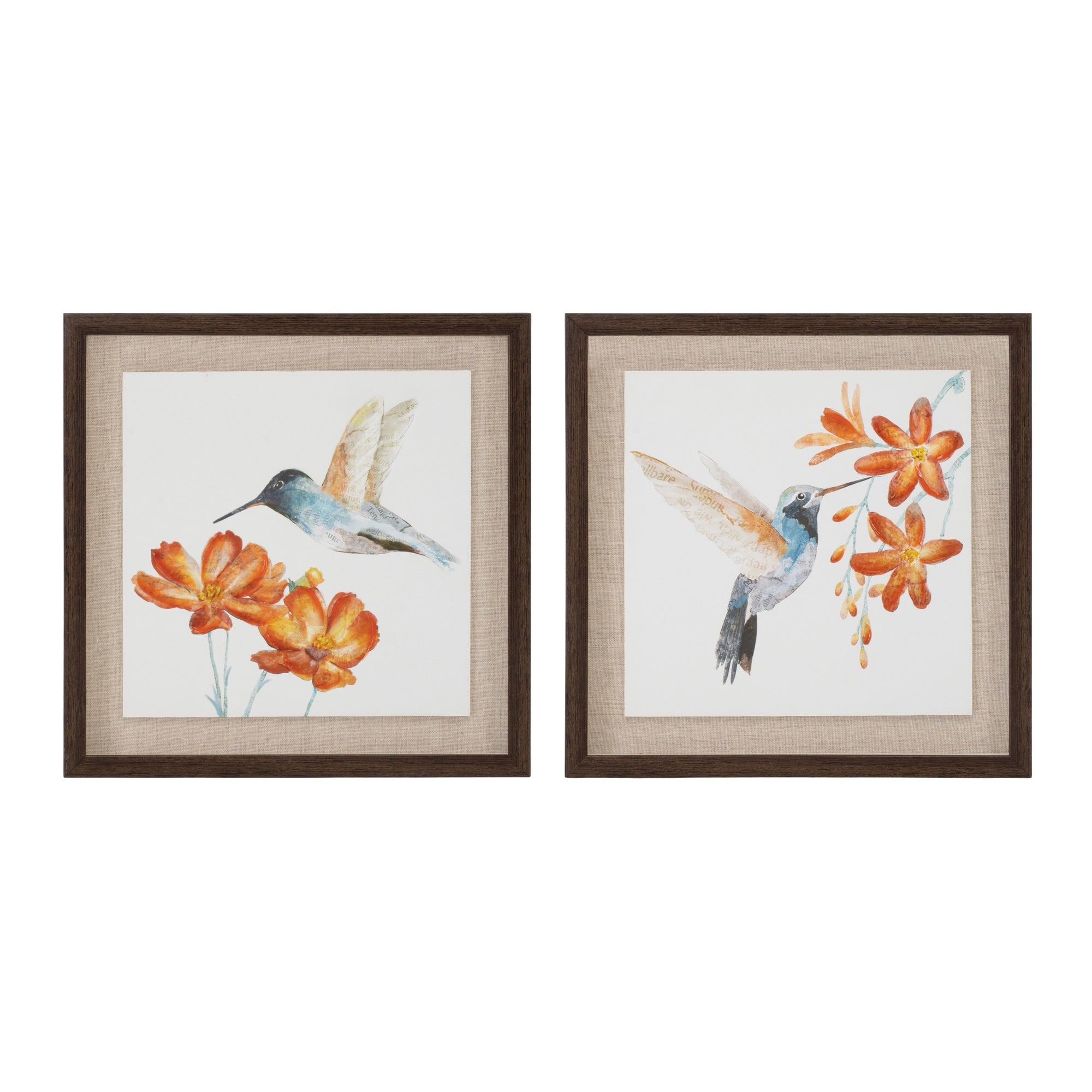 Framed Hummingbird Print (2 Asst) 12”SQ Wood/Canvas/
