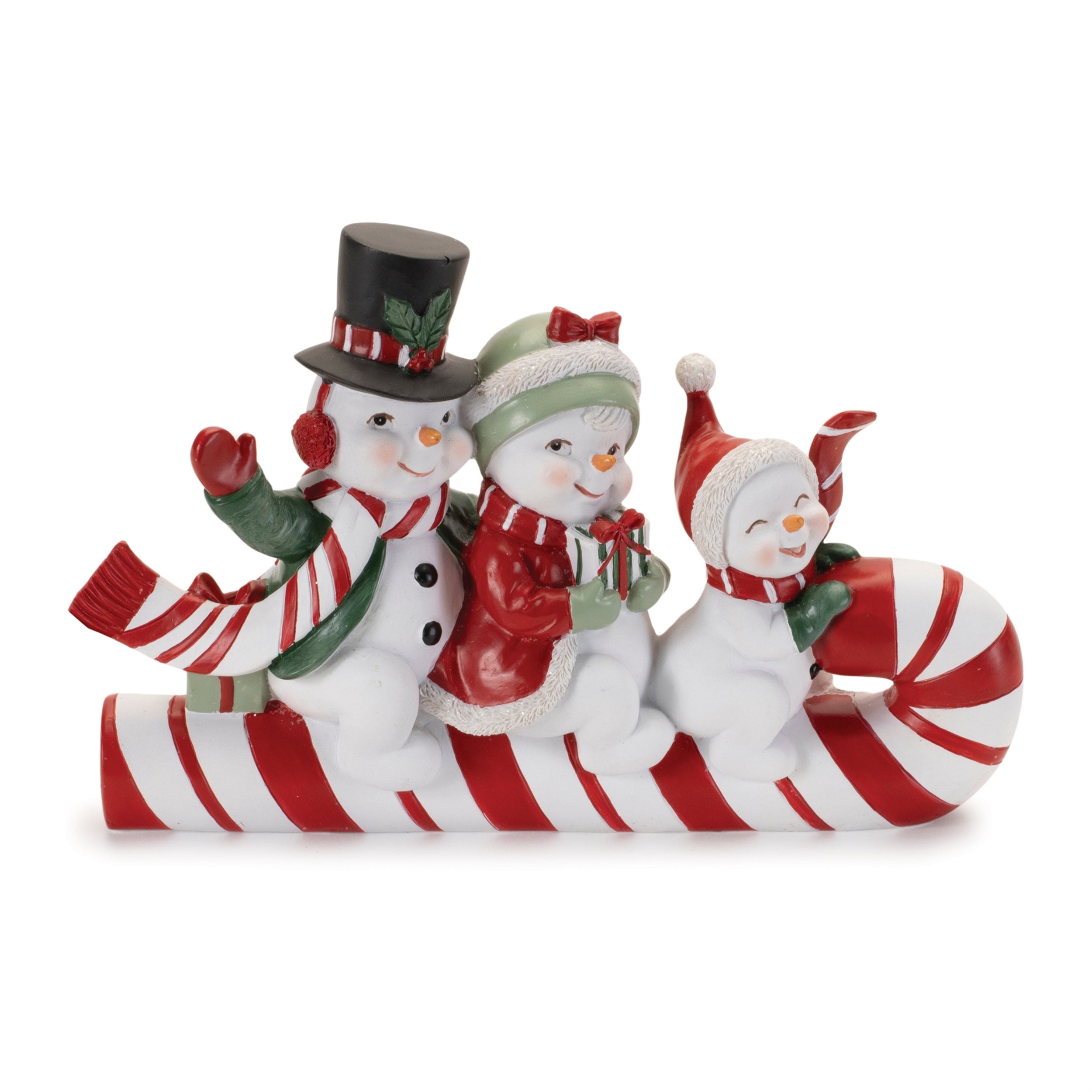 Snowman Family on Candy Cane 8"L x 5"H Resin