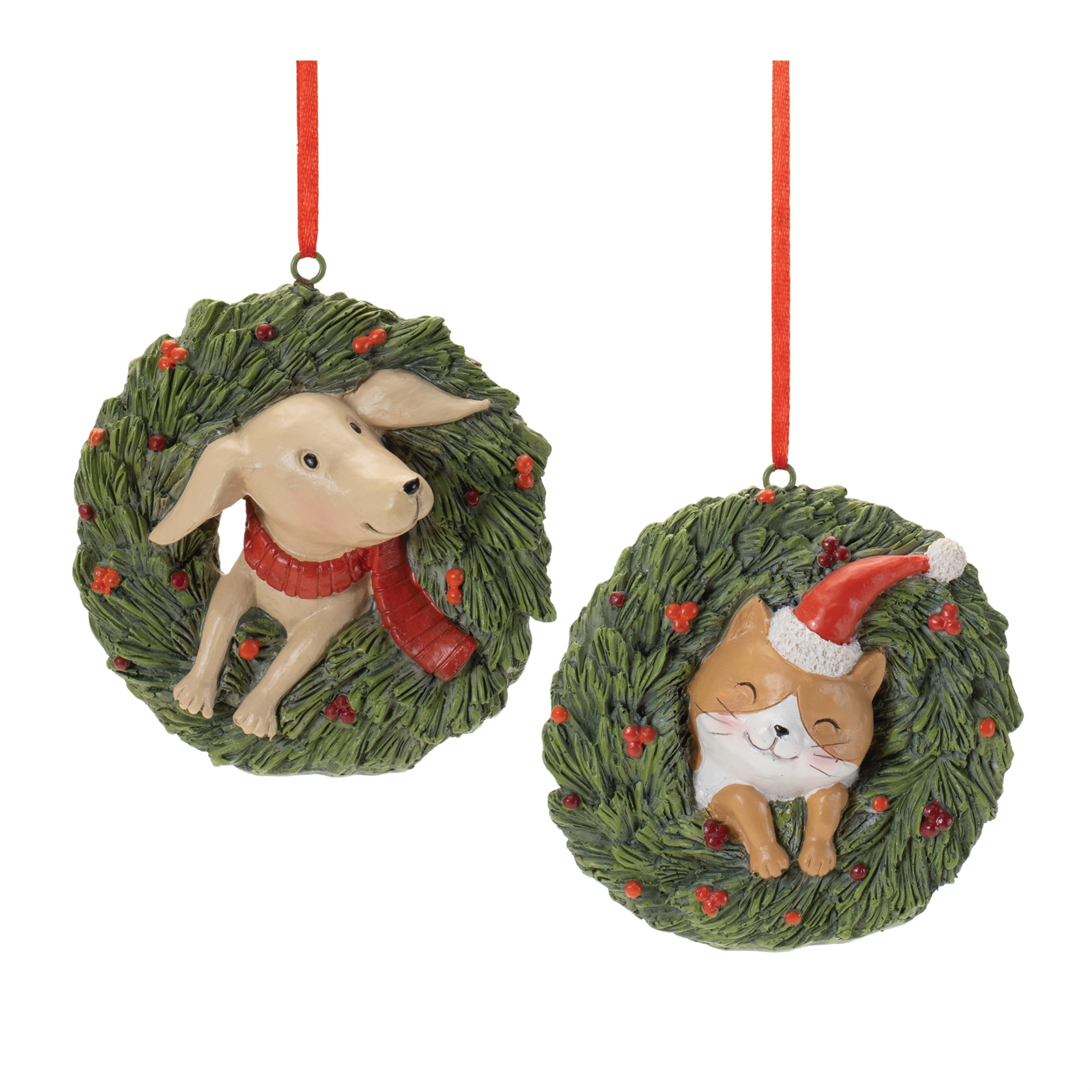 Cat & Dog in Wreath Ornament (S/2)