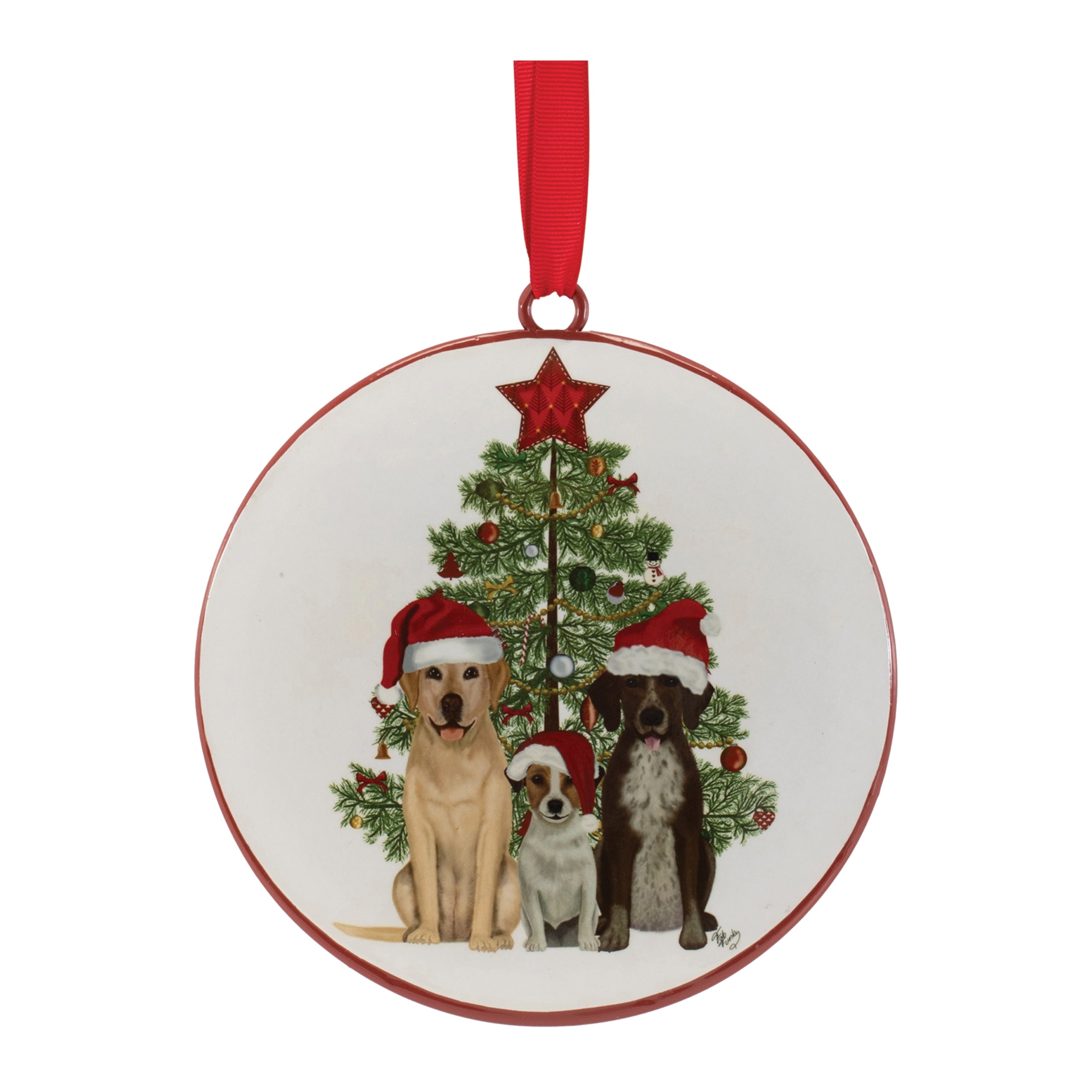 Dog with Tree Disc Ornament 6”H Iron