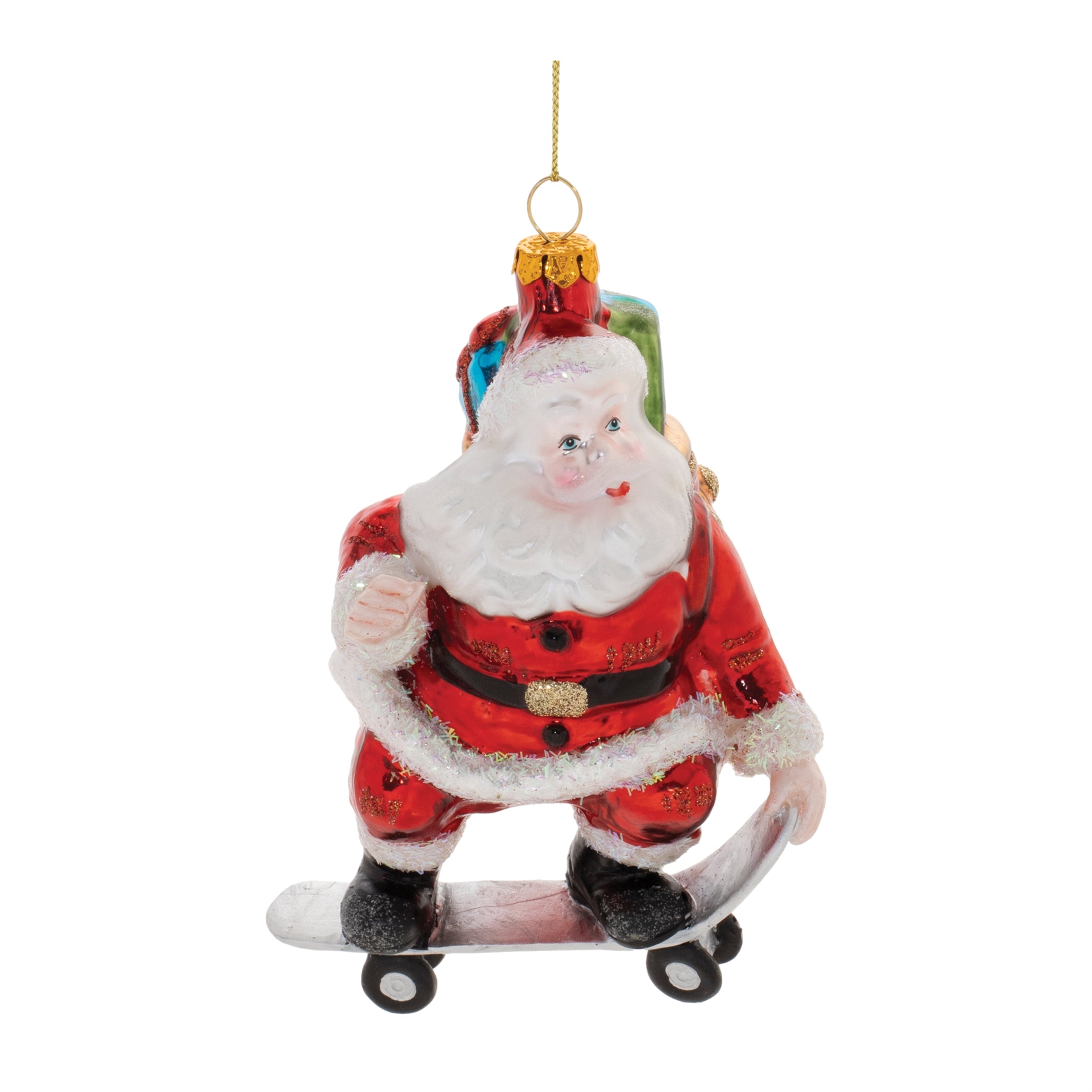 Santa on Skateboard Ornament 5.5”H Glass