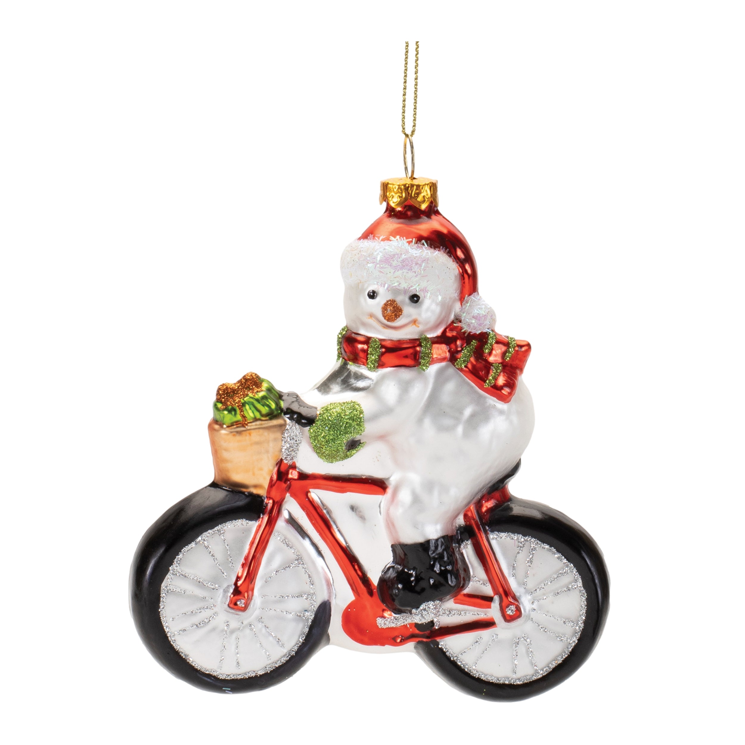 Snowman on Bike Ornament 5”H Glass