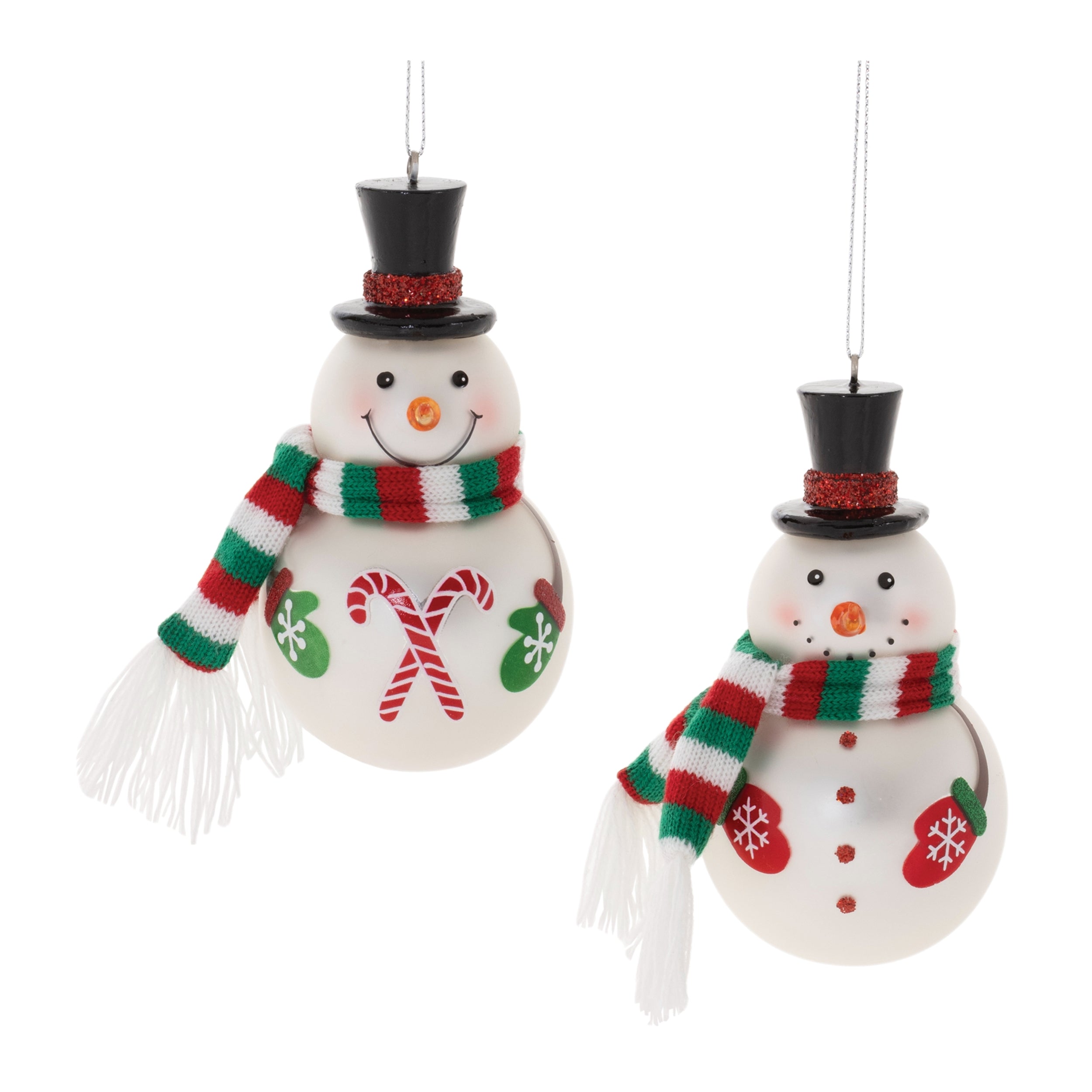 Snowman Ornament (2 Asst) 4.5”H Glass/Fabric