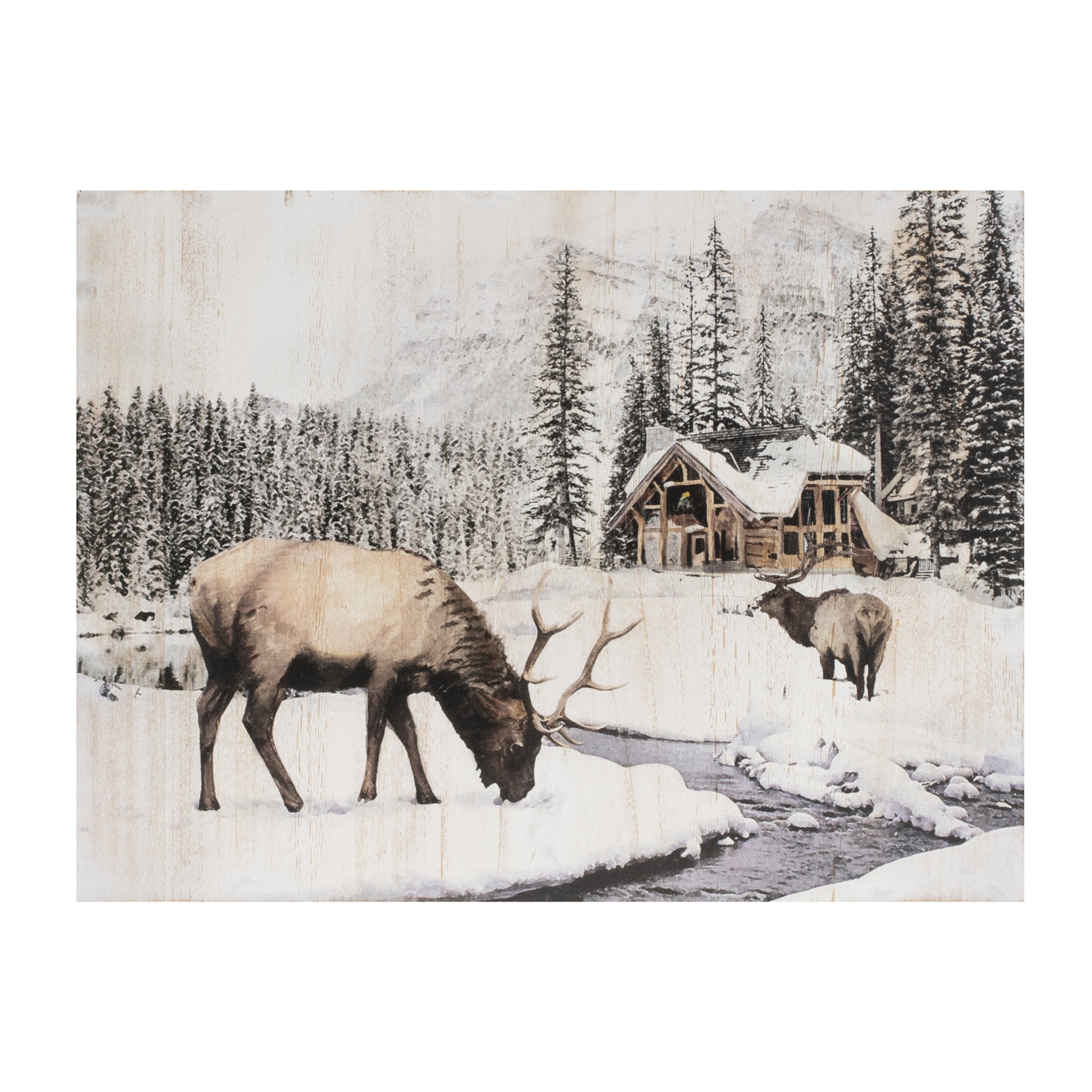 Reindeer and Lodge Plaque 18.5"L x 14"H Wood