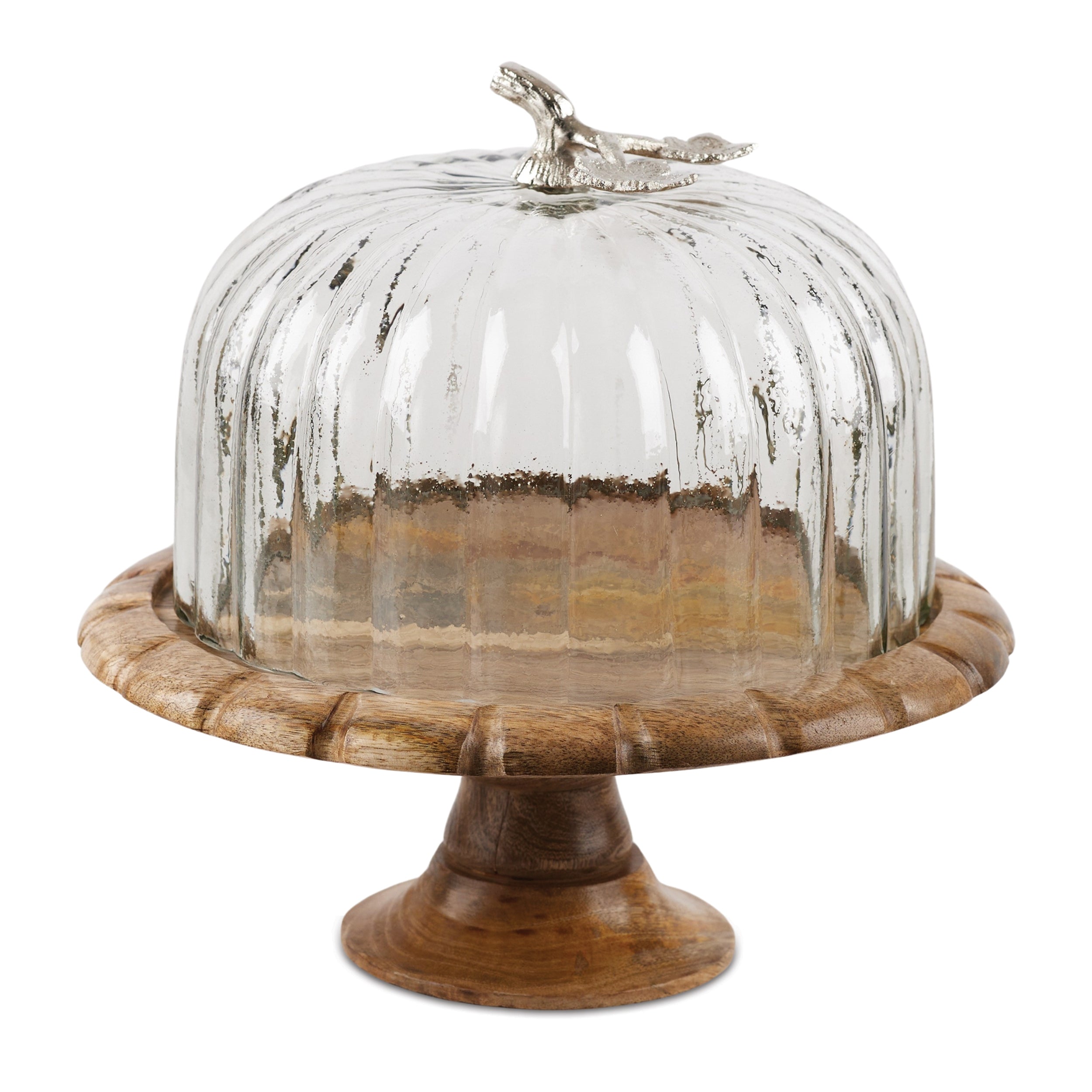 Pumpkin Cloche on Pedestal 14"D x 15"H Wood/Glass
