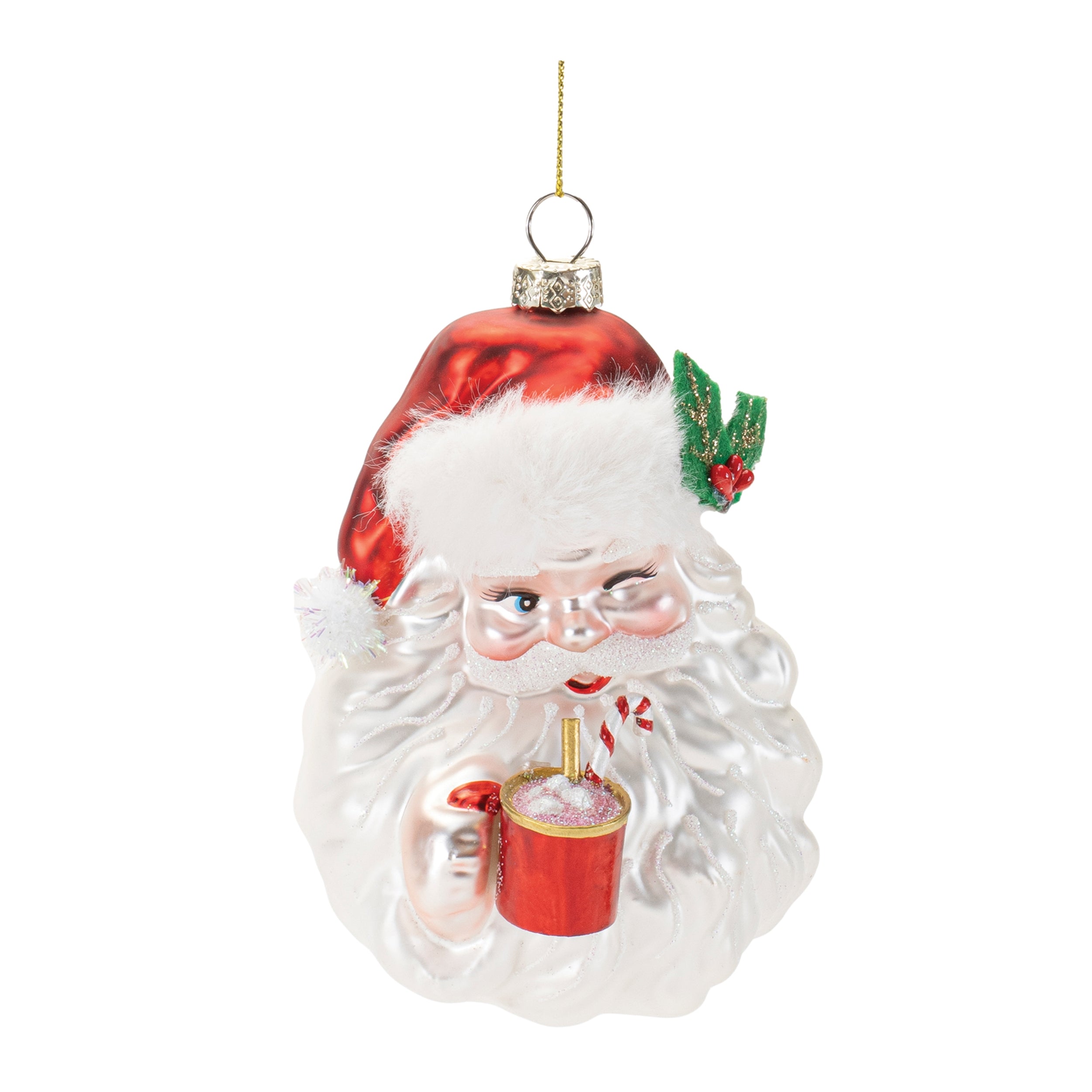 Santa w/Cocoa Ornament 5”H Glass