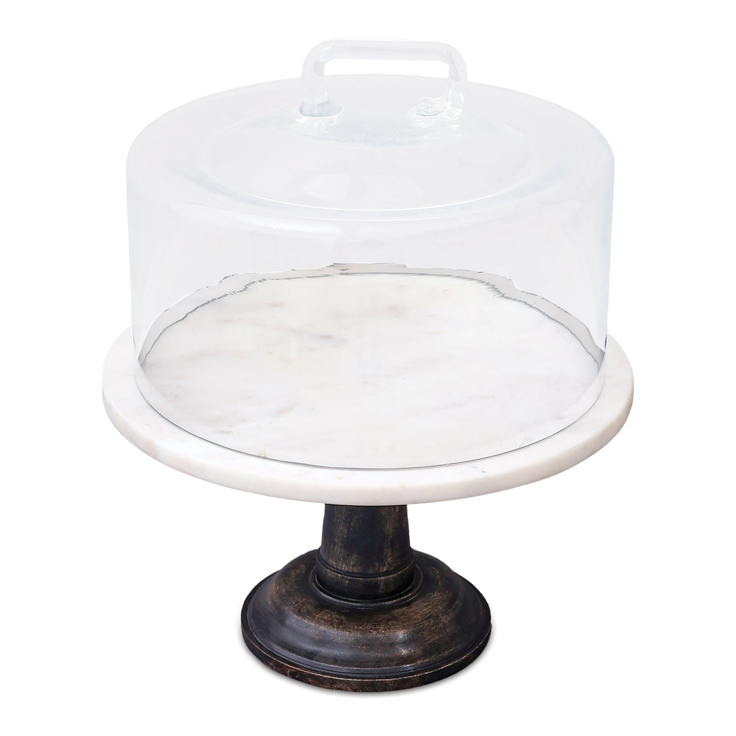 Covered Cake Stand 12"D x 14"H Marble/Glass/Wood