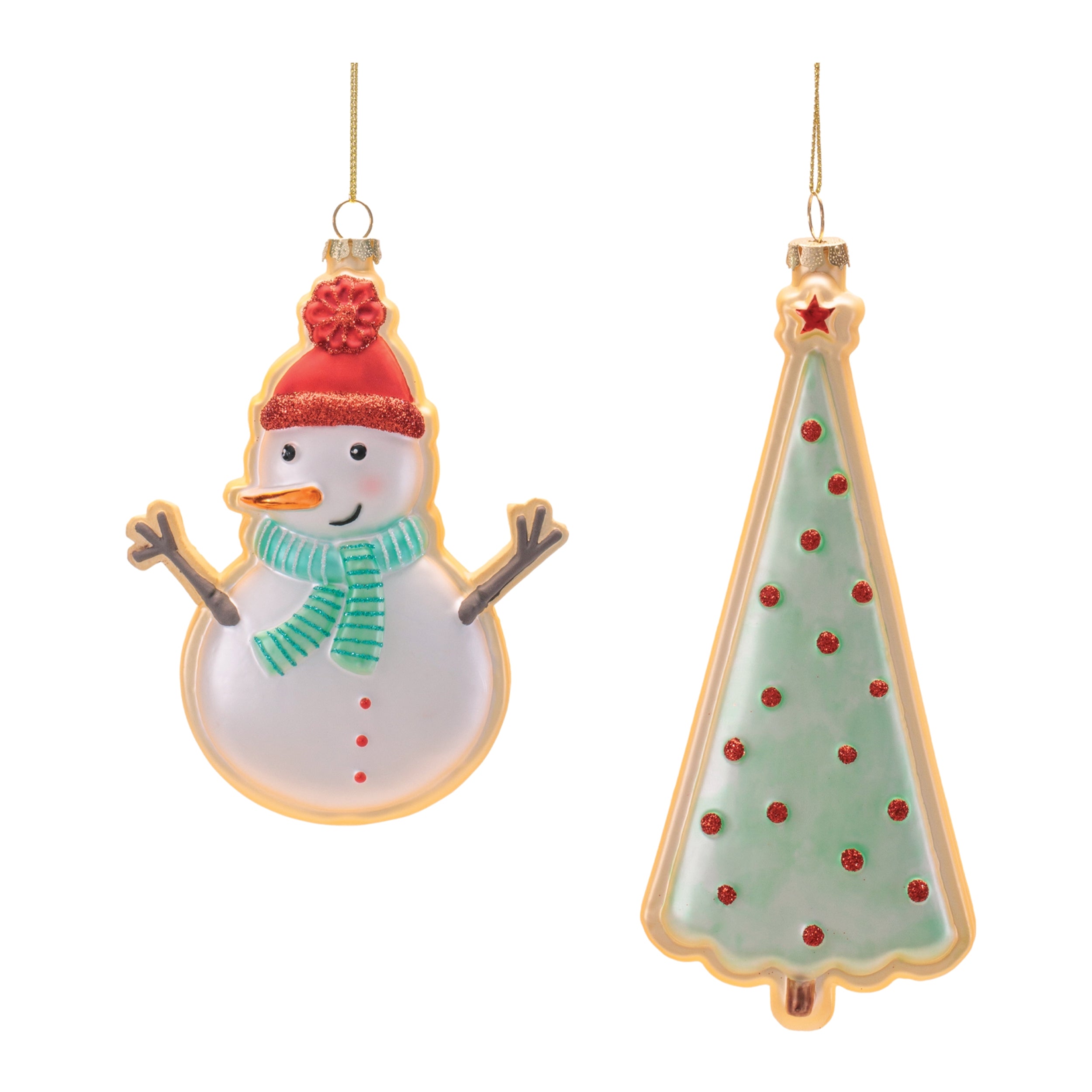 Snowman and Tree Ornament (2 set of) 6"H, 6.25"H Glass