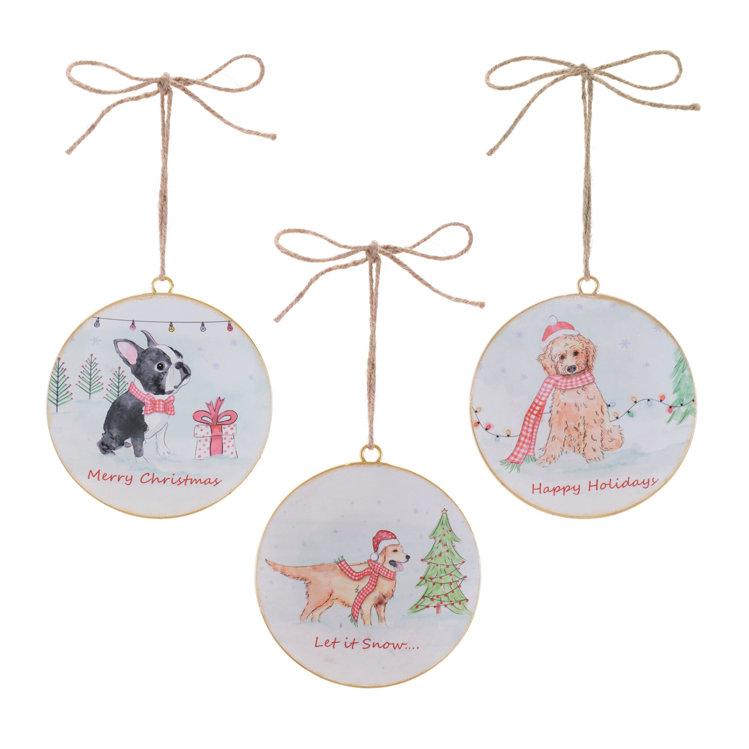 Dog Disc Ornament (3 set of) 6”D Iron/Jute