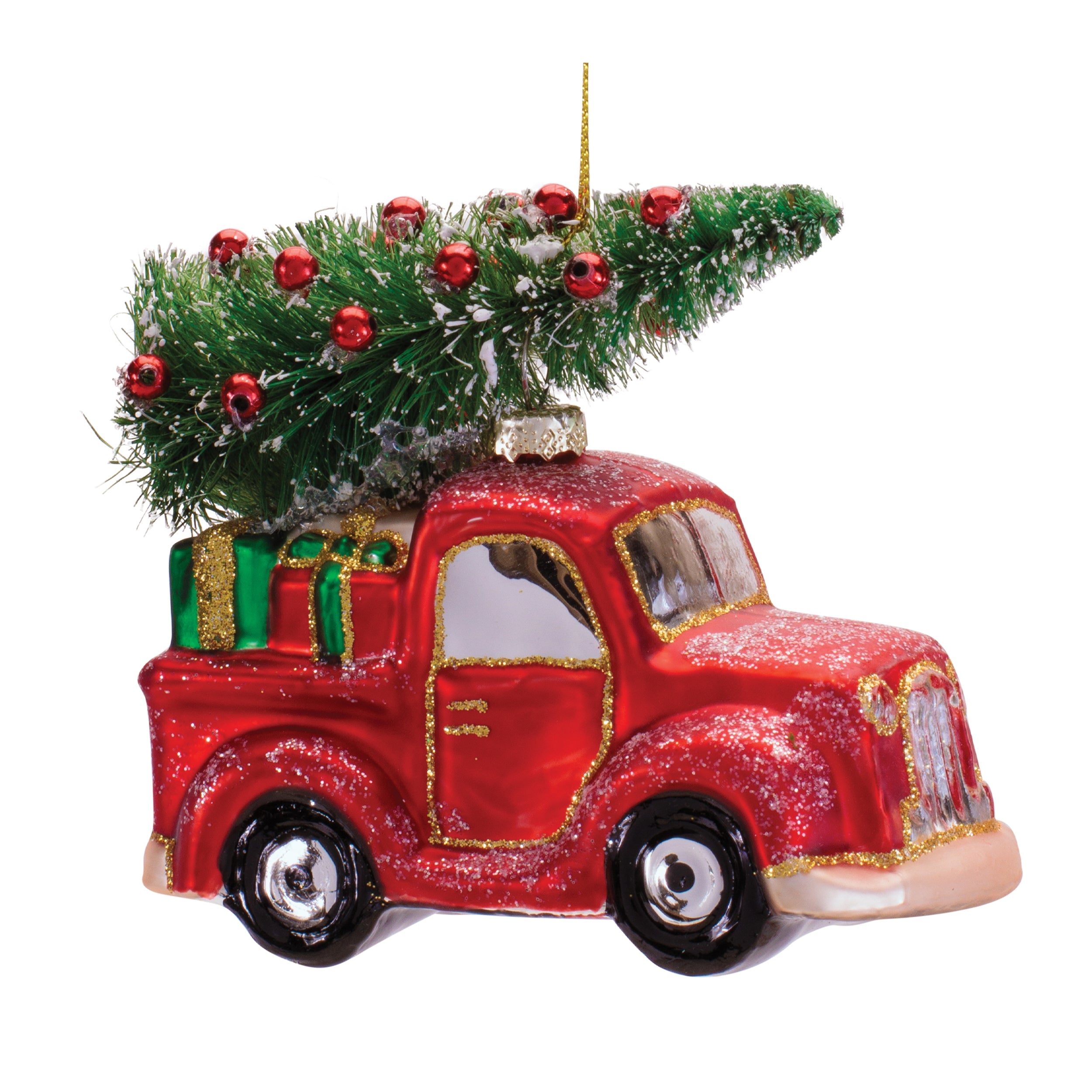 Truck and Tree Ornament 3.75”H Glass