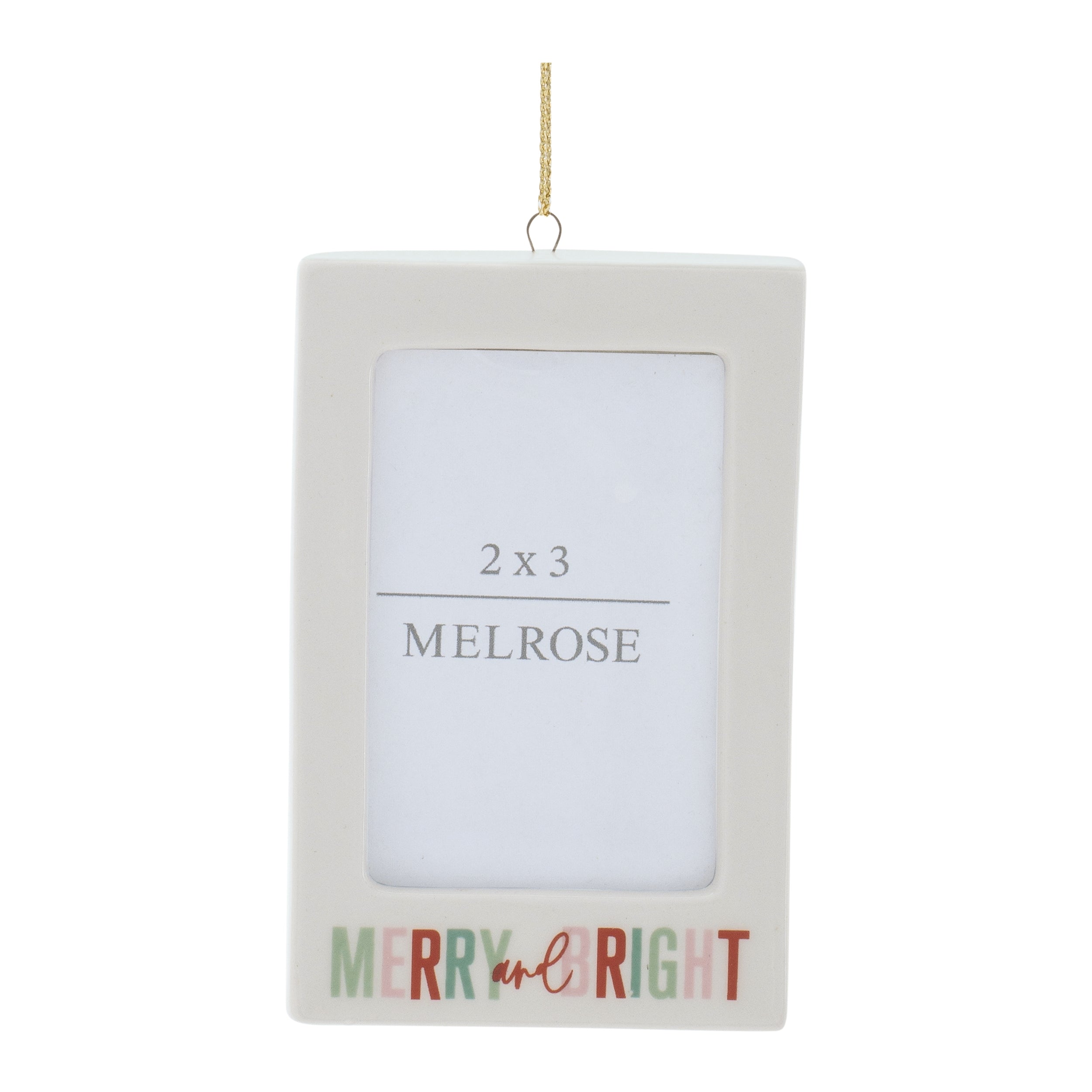 Merry and Bright Photo Frame Ornament 3"L x 4.25"H Ceramic (Holds a 2" x 3" Photo)