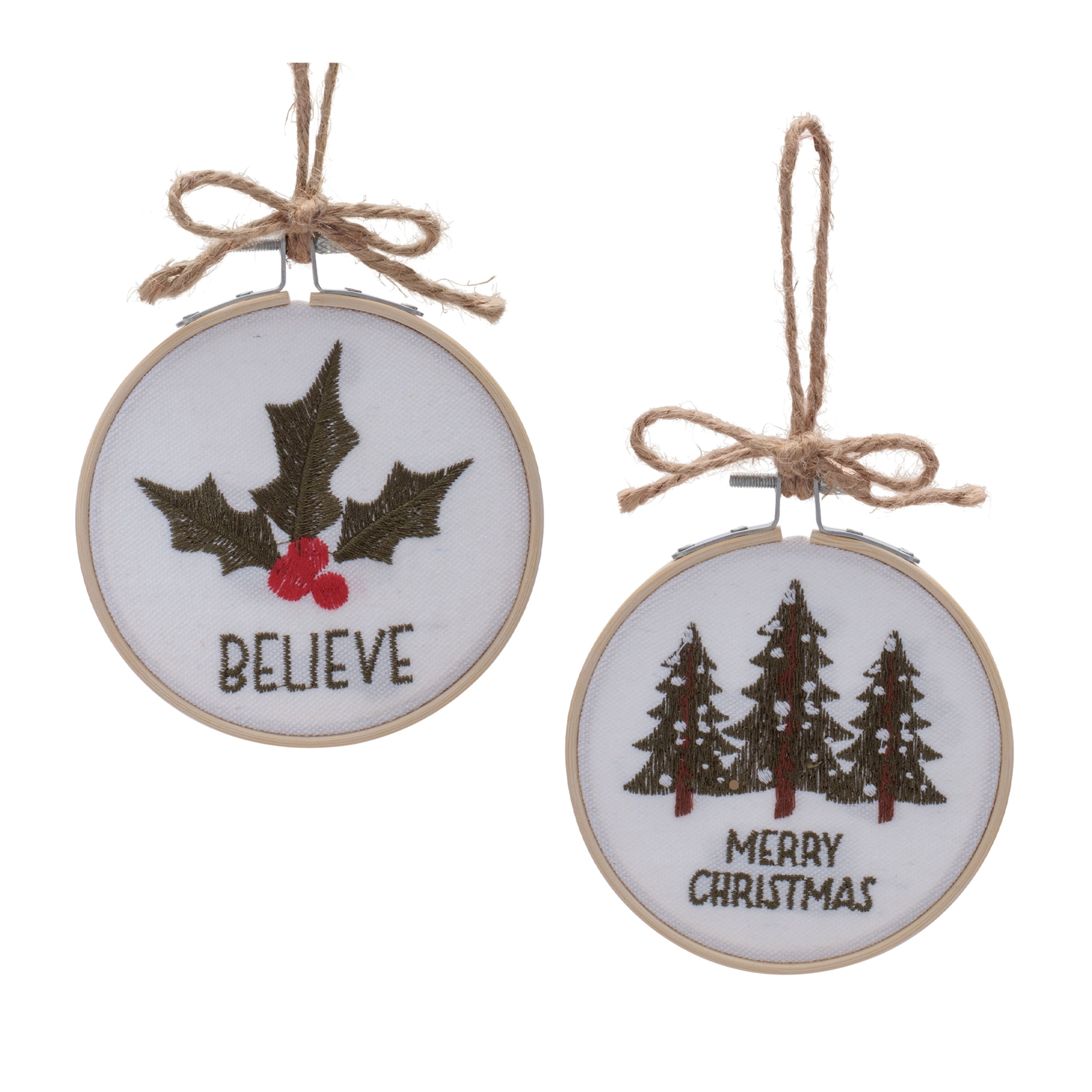 Tree and Holly Disc (2 set of) 4”H Fabric/Wood