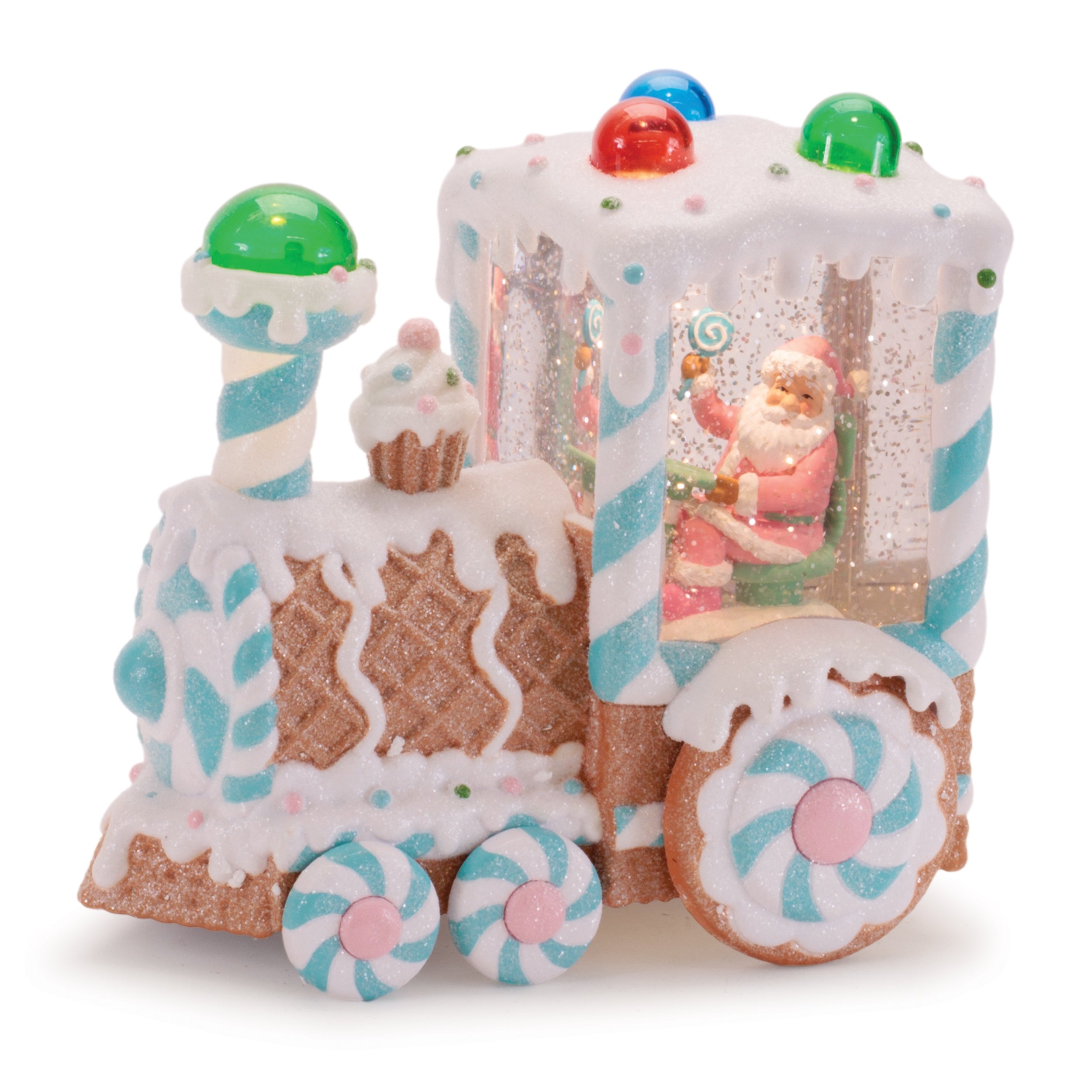 LED Snow Globe Gingerbread Train w/Santa 7”H  6 Hr Timer 3 AA Batteries Not Included/USB Cord