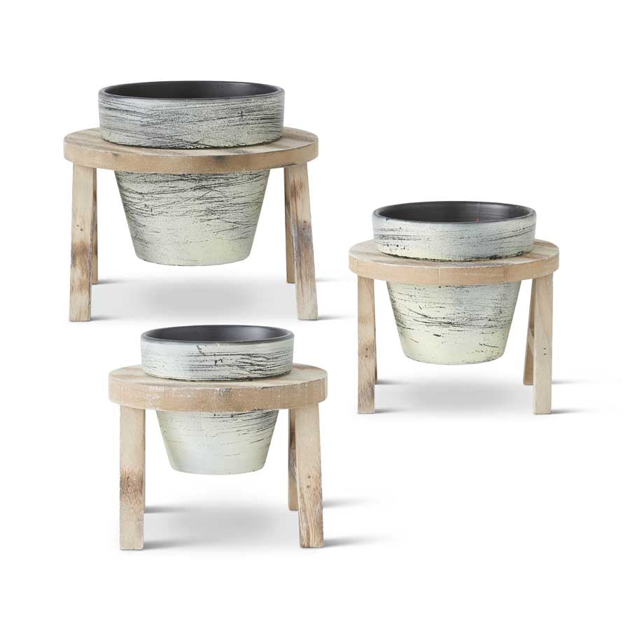 Whitewashed Flower Pots w/ Wooden Stands (S/3)