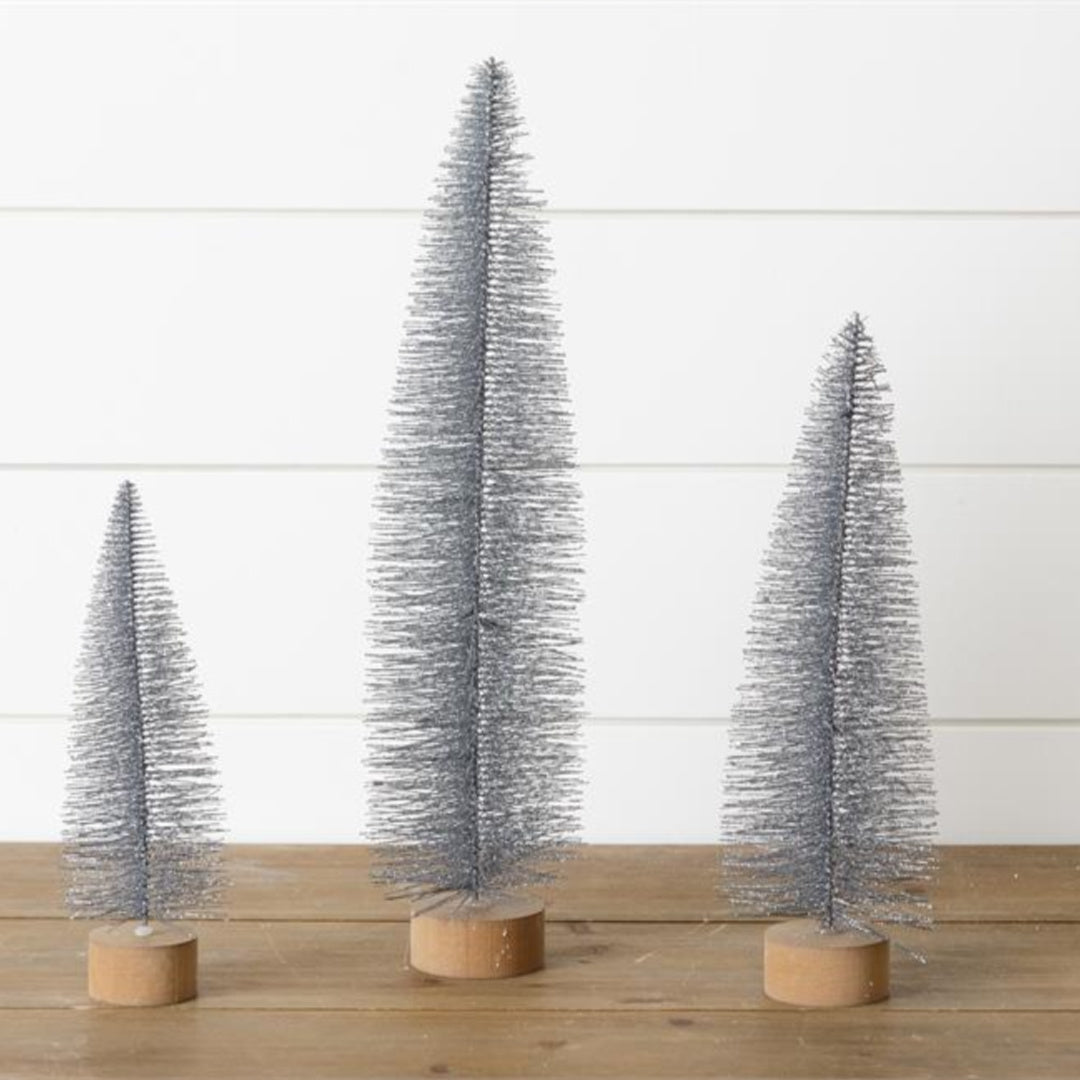 Tall Glittered Bottle Brush Trees (S/3) - Silver